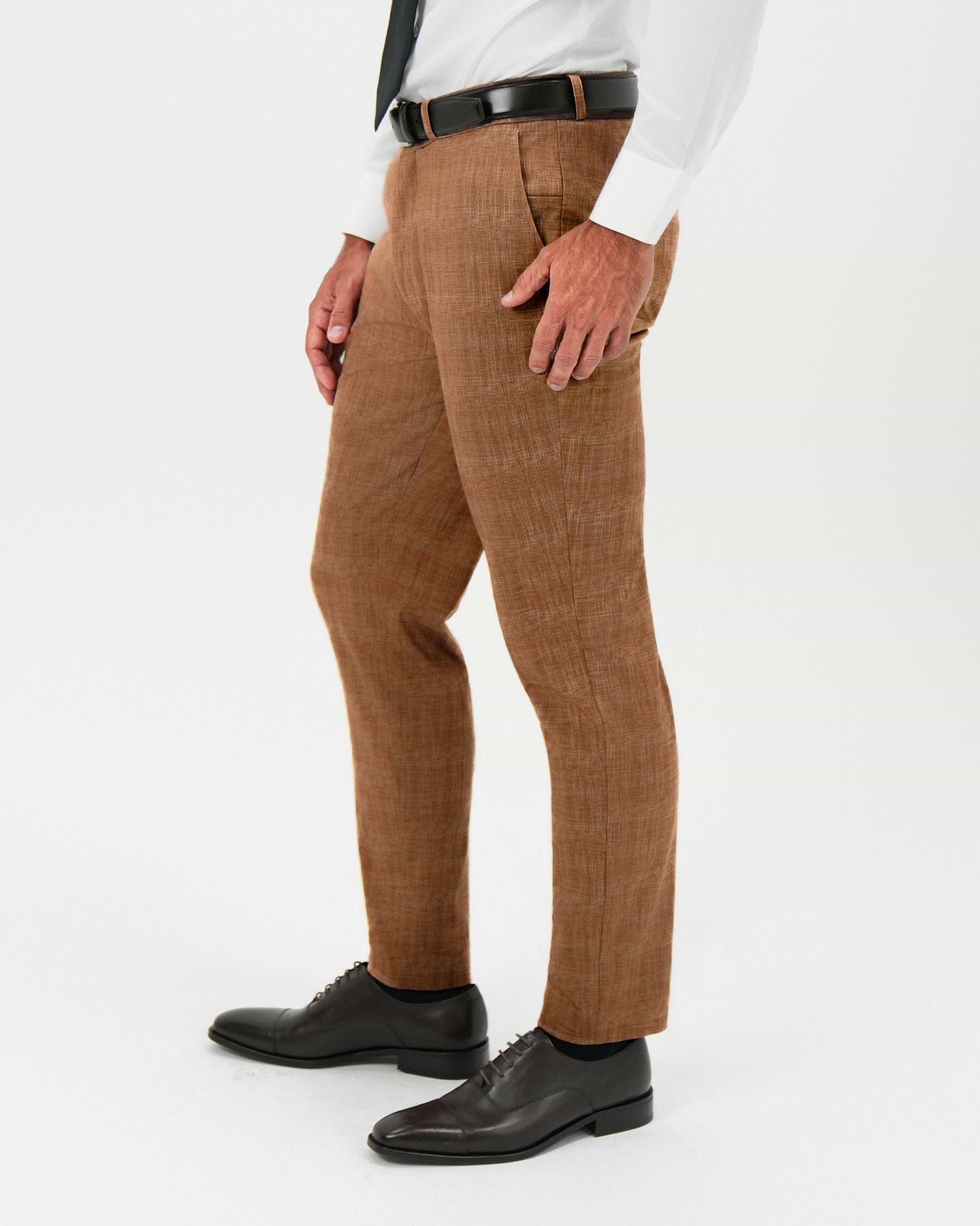 Athletic Fit Stretch Pants - Light Brown Crosshatch