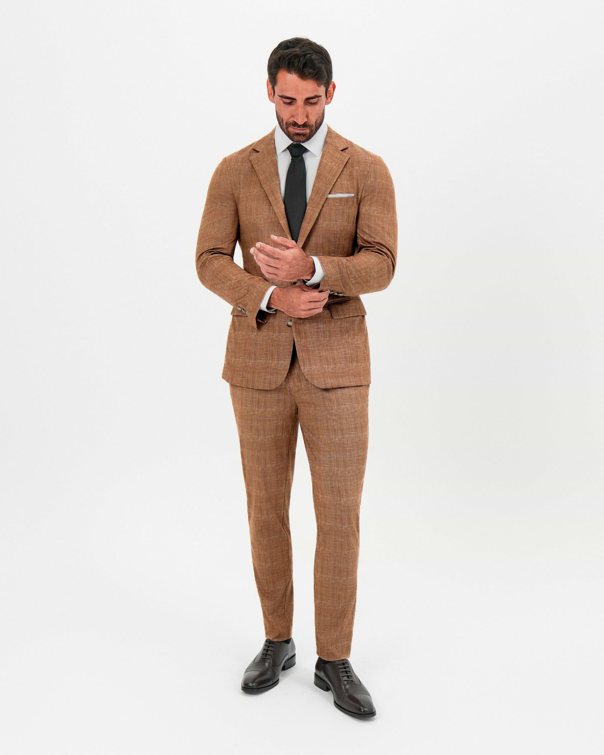 Athletic Fit Stretch Suit - Unstructured Light Brown Crosshatch