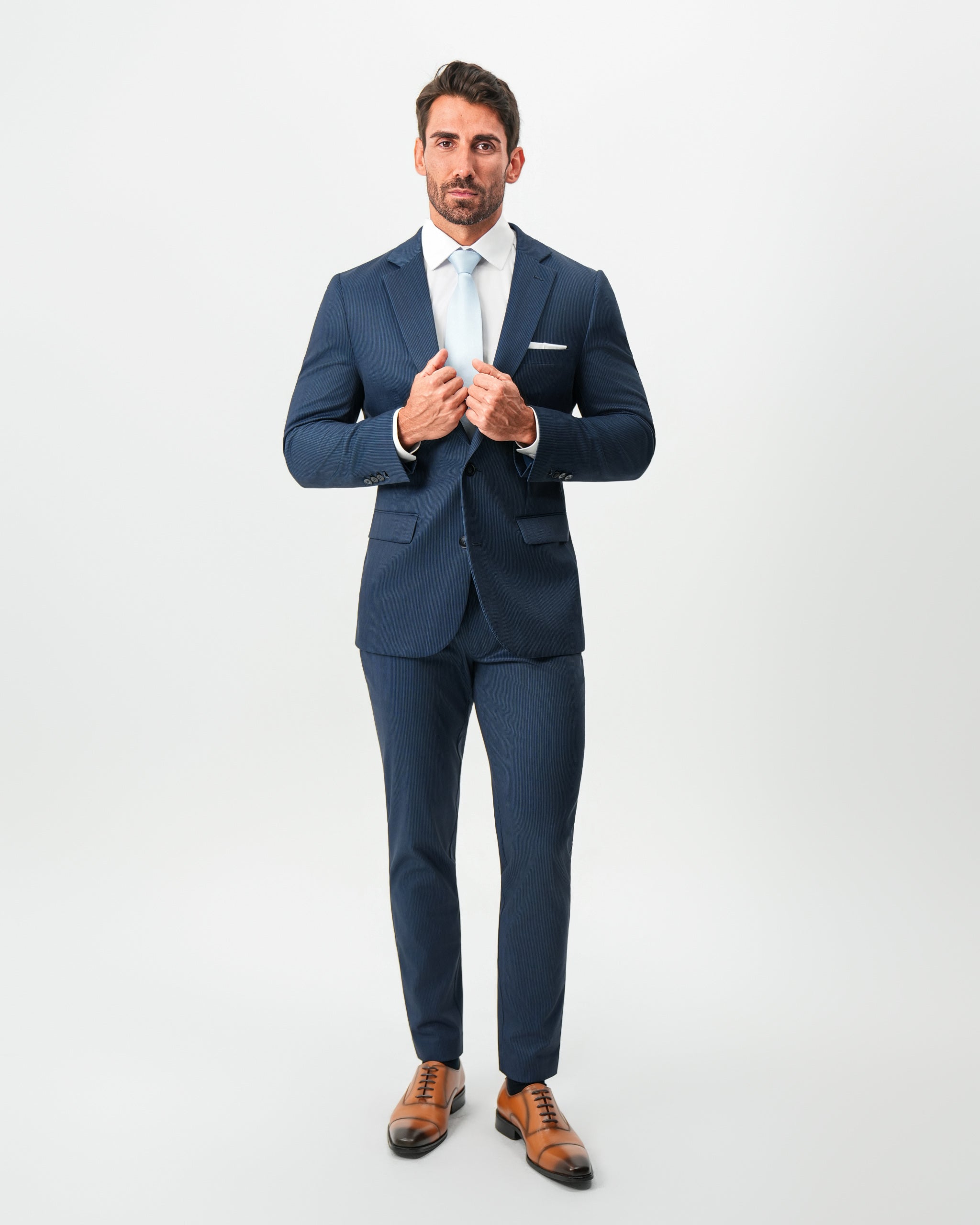 Athletic Fit Stretch Suit Pants - Navy & White Pinstripe