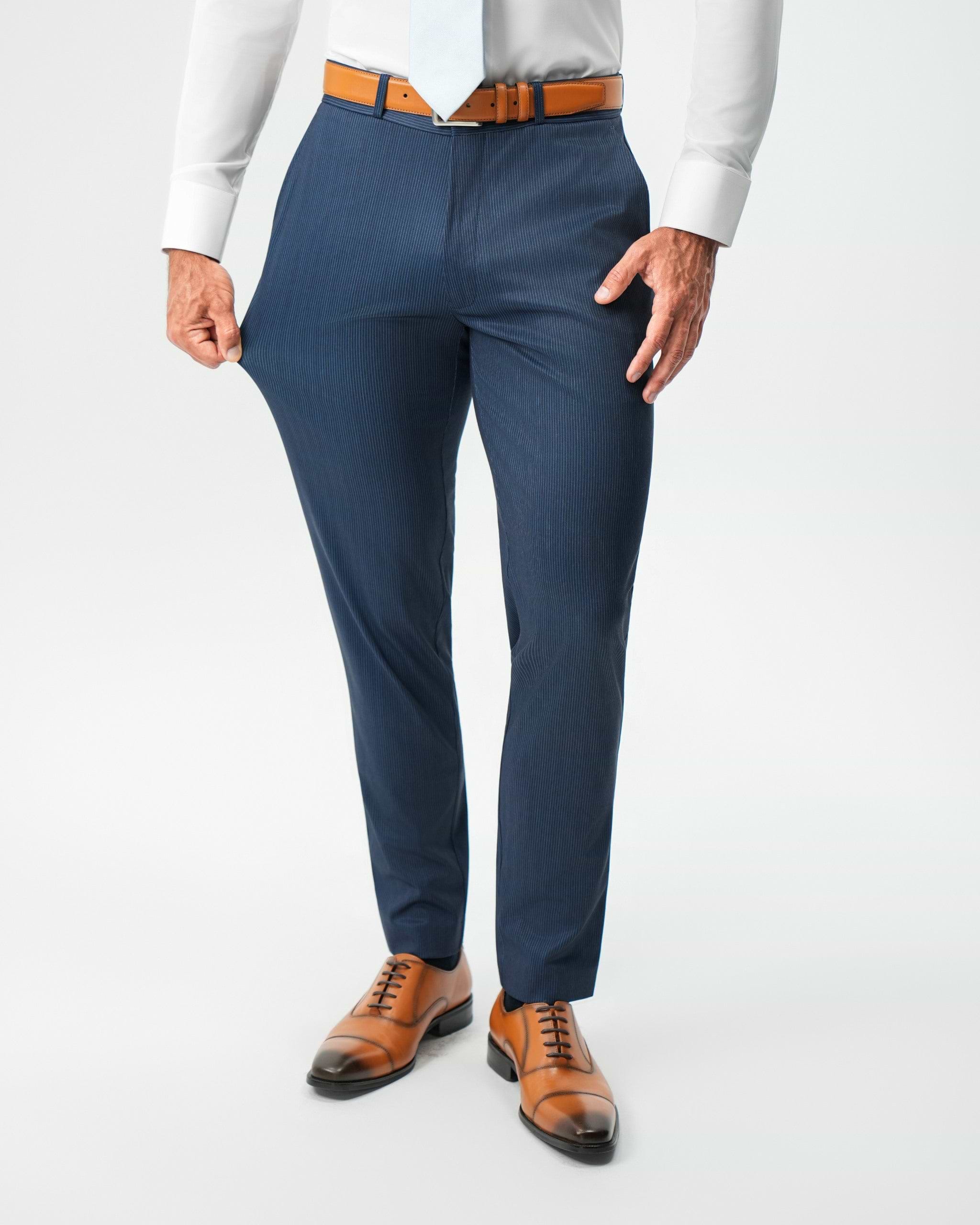 Athletic Fit Stretch Suit Pants - Navy & White Pinstripe