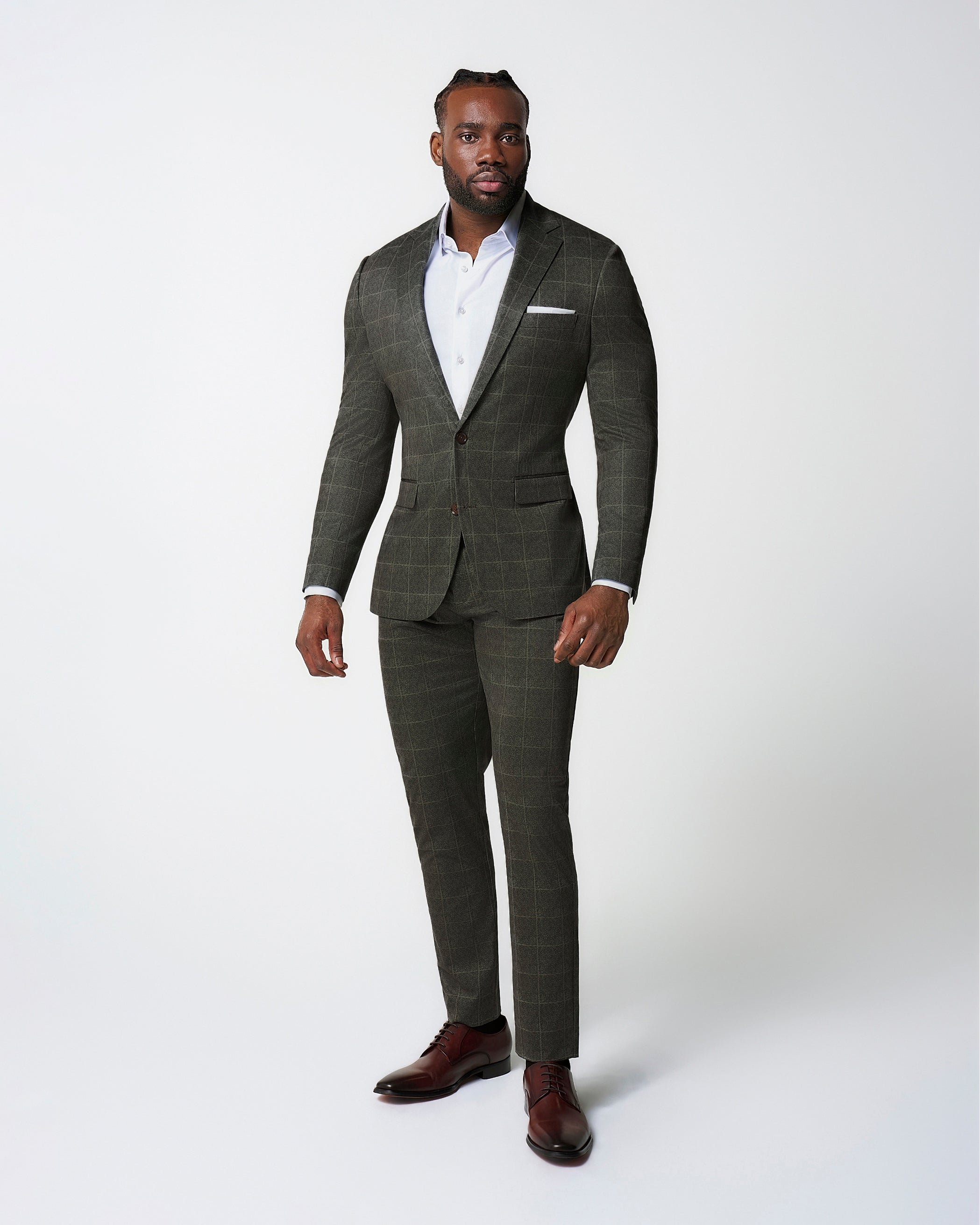 Athletic Fit Stretch Suit - Olive with White Windowpane
