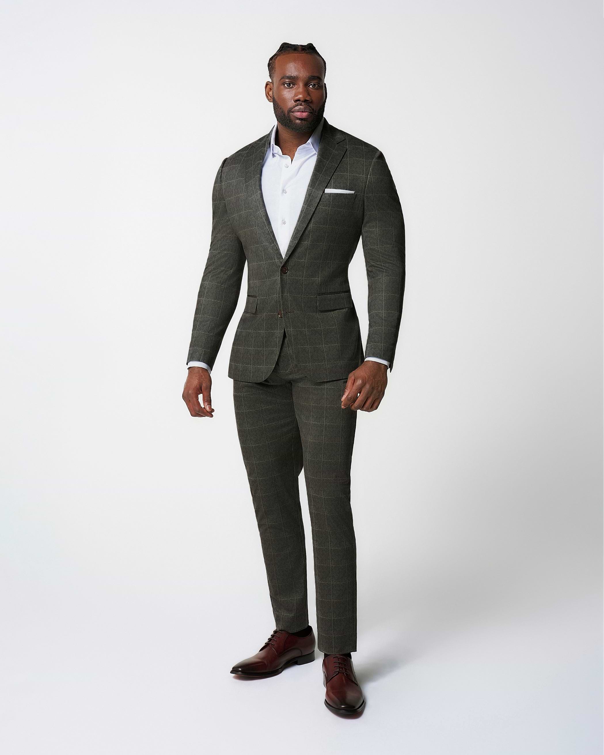 Athletic Fit Stretch Suit Pants - Olive with White Windowpane