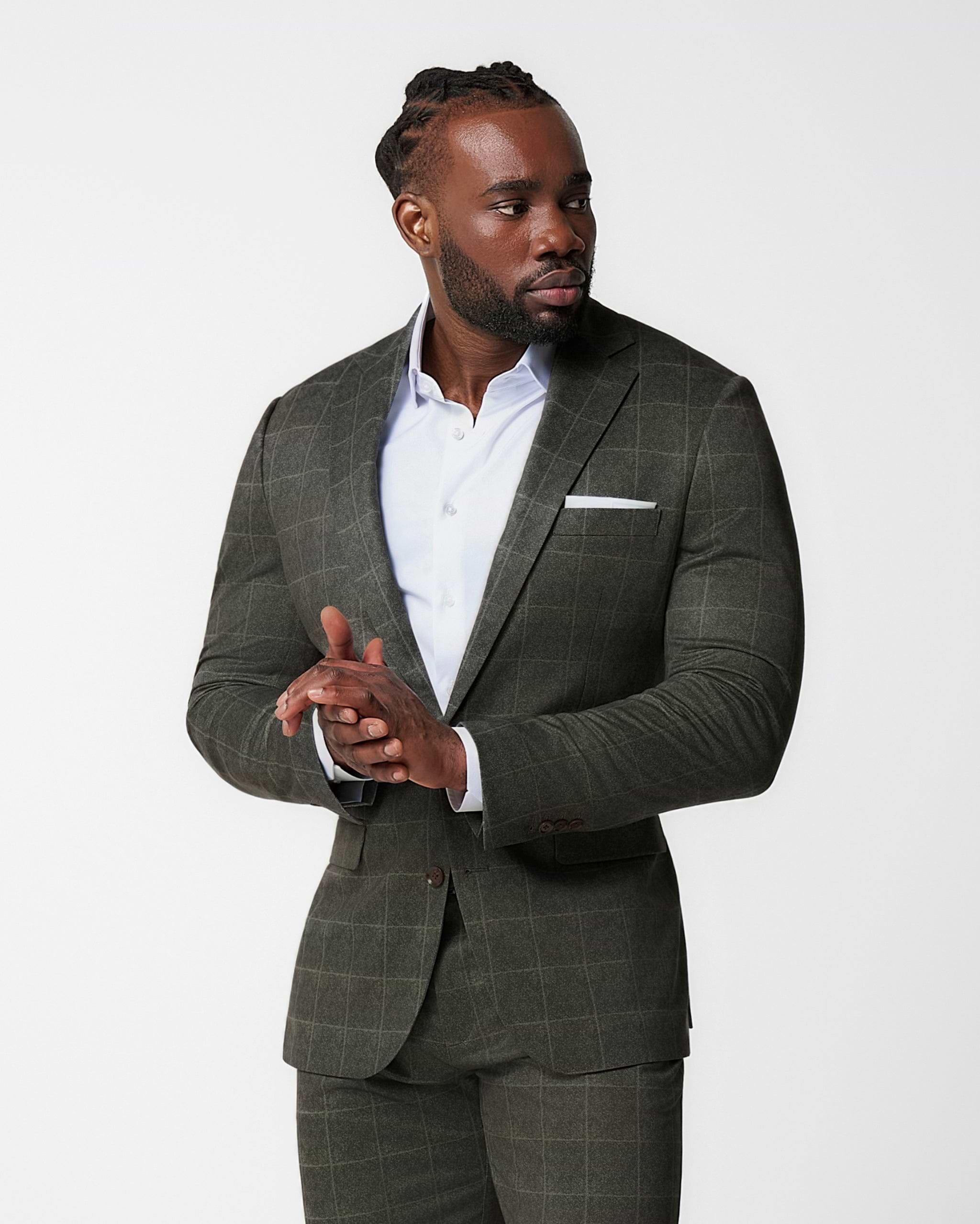 Athletic Fit Stretch Suit - Olive with White Windowpane