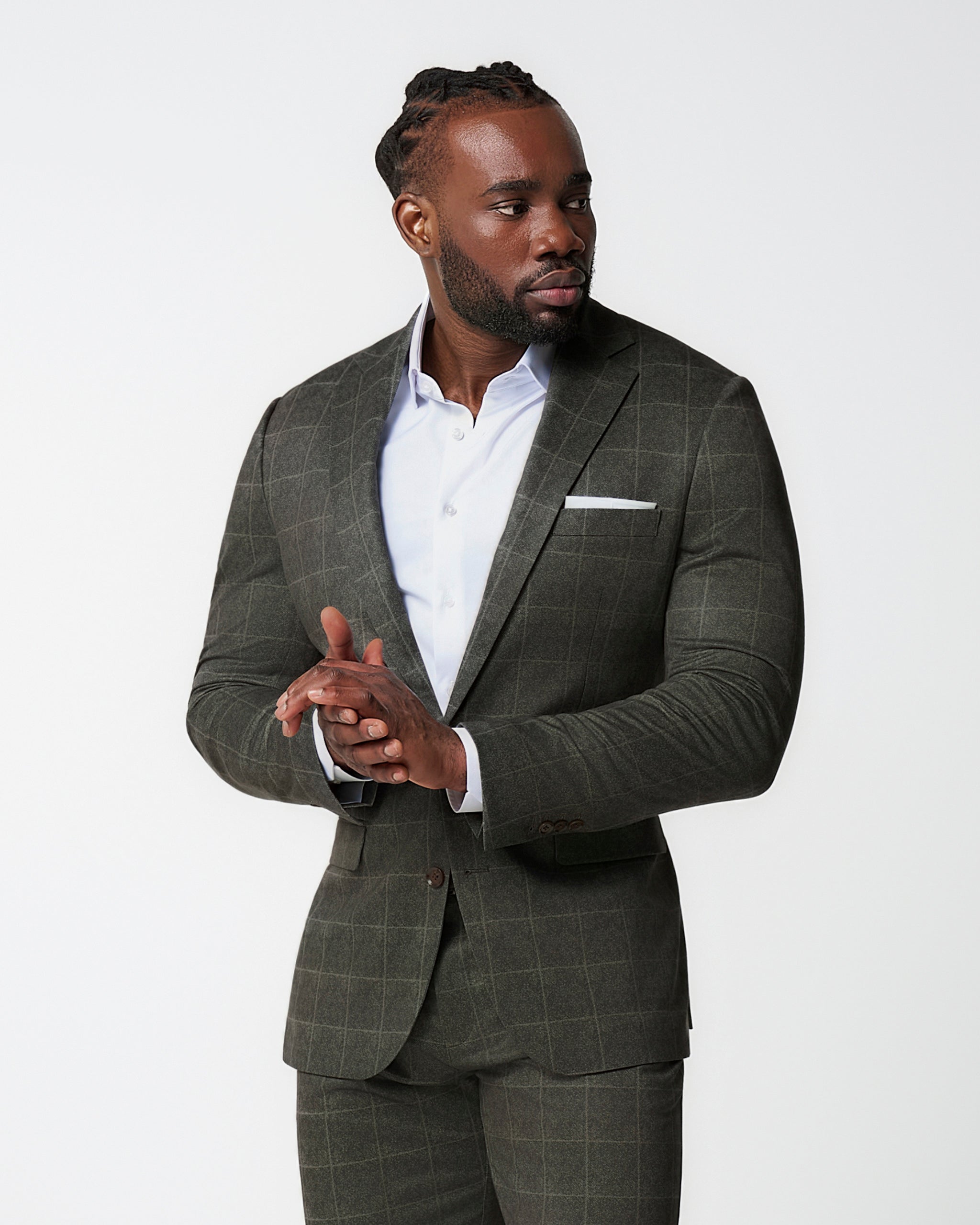 Athletic Fit Stretch Blazer - Olive with White Windowpane
