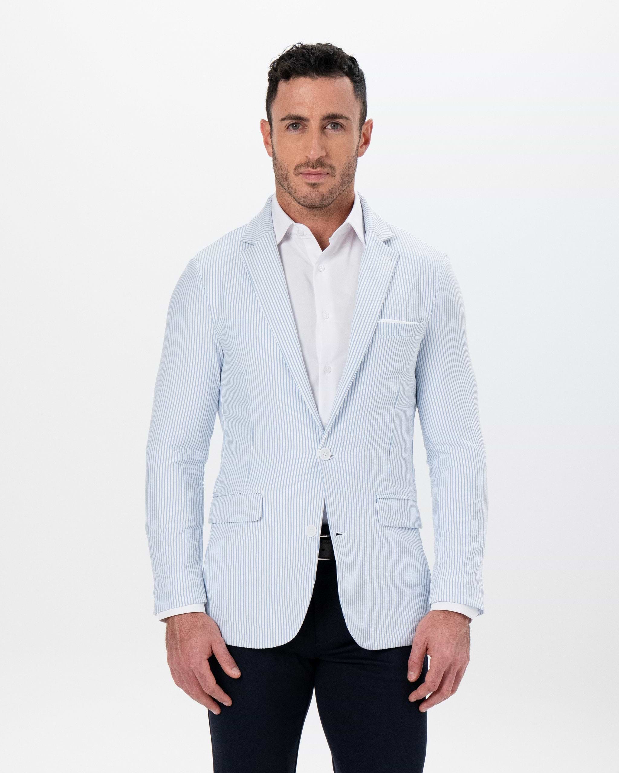 Athletic Fit Stretch Blazer - Light Blue & White Seersucker