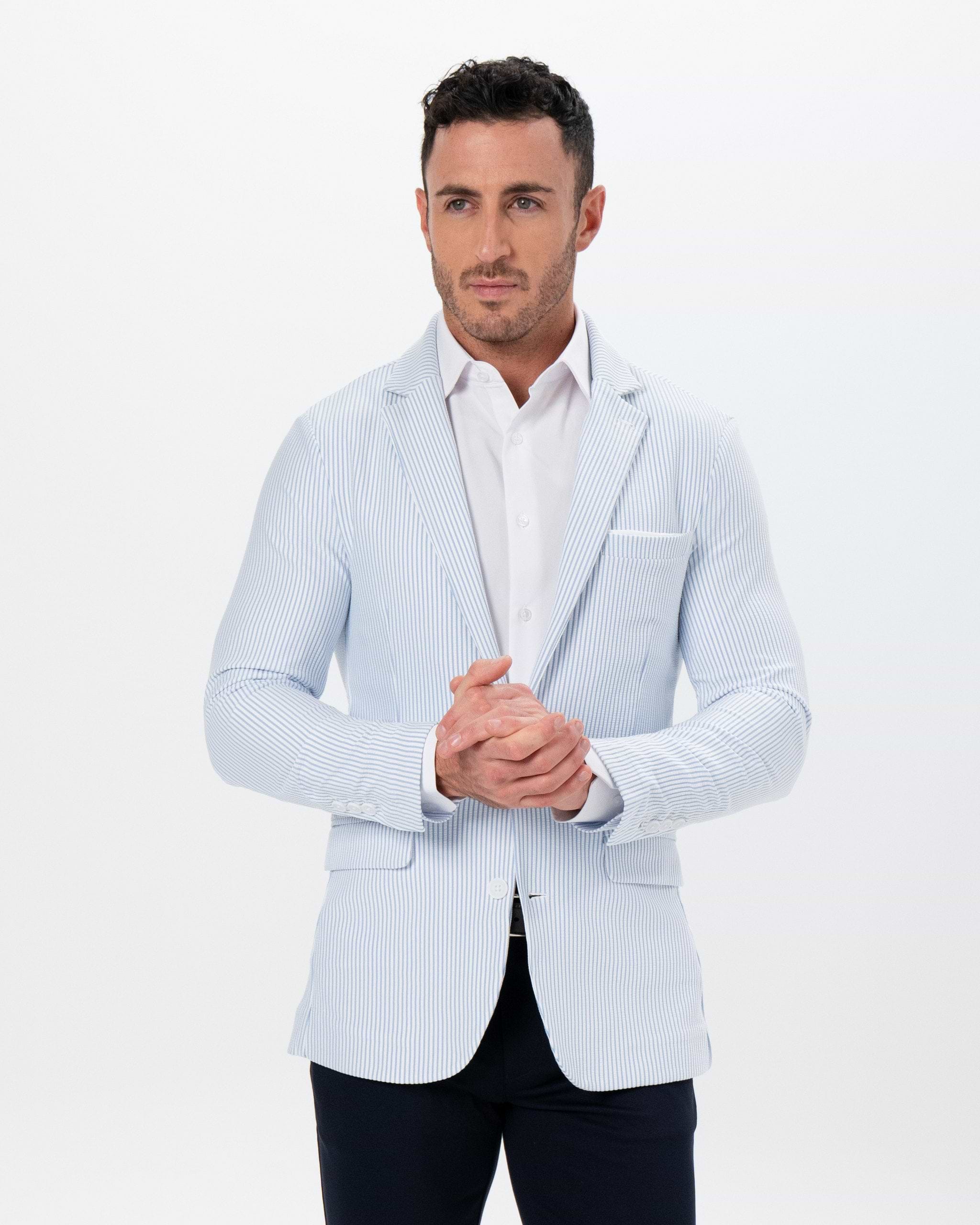 Athletic Fit Stretch Blazer - Light Blue & White Seersucker