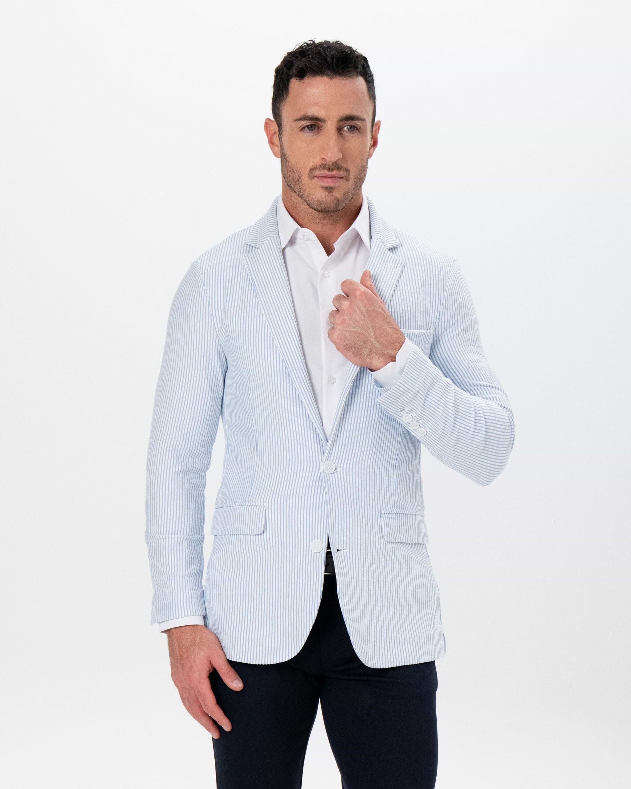 Athletic Fit Stretch Blazer - Light Blue & White Seersucker