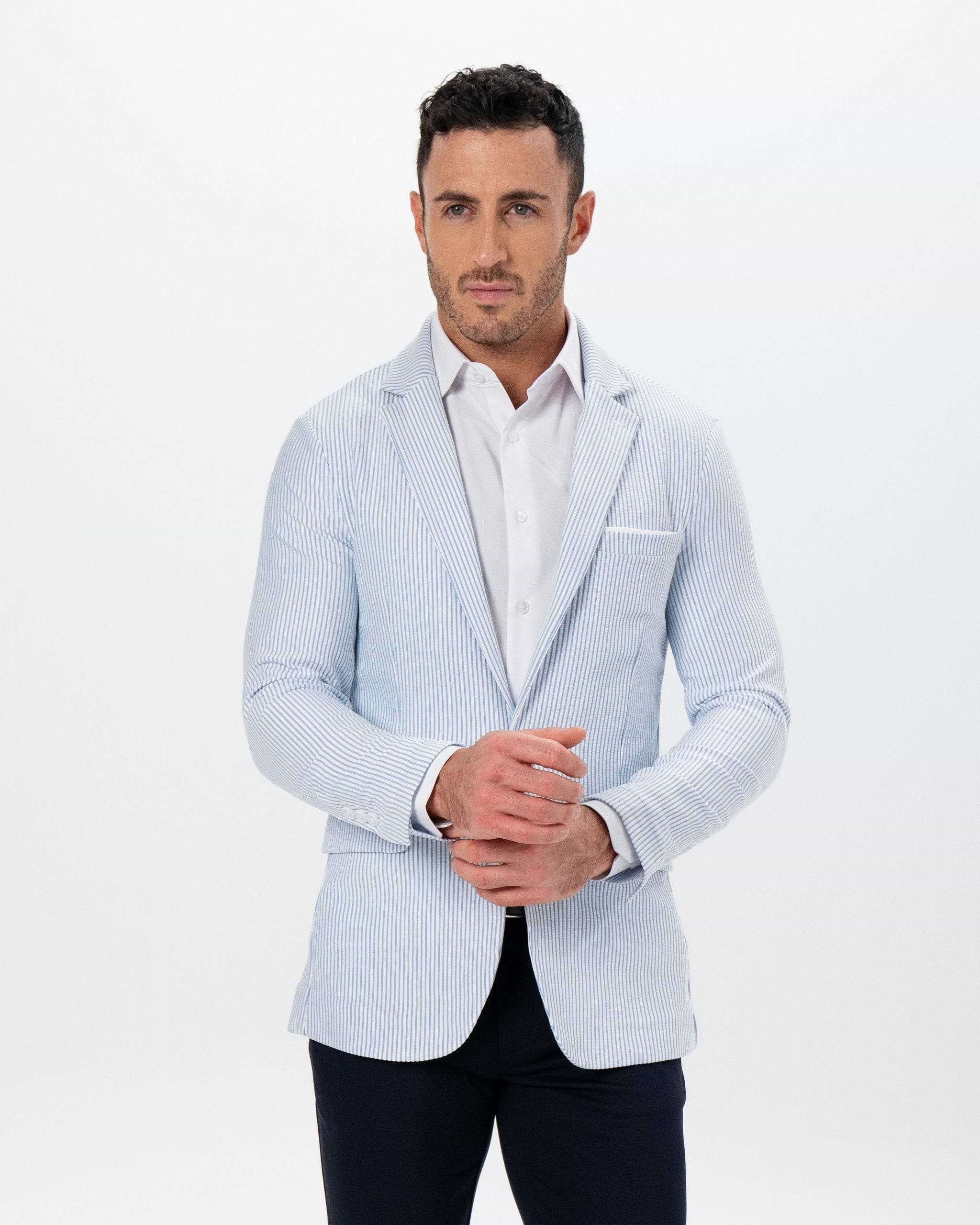 Athletic Fit Stretch Blazer - Light Blue & White Seersucker