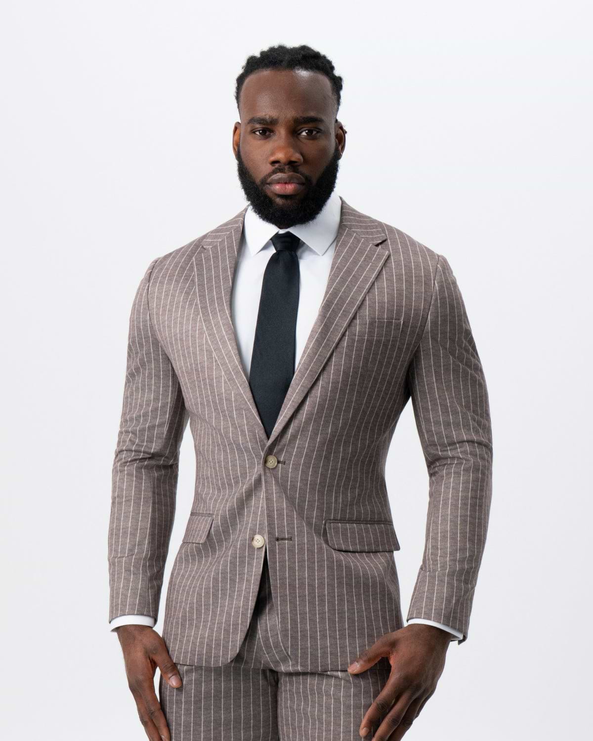 Athletic Fit Stretch Suit - Textured Light Brown with Cream Stripe