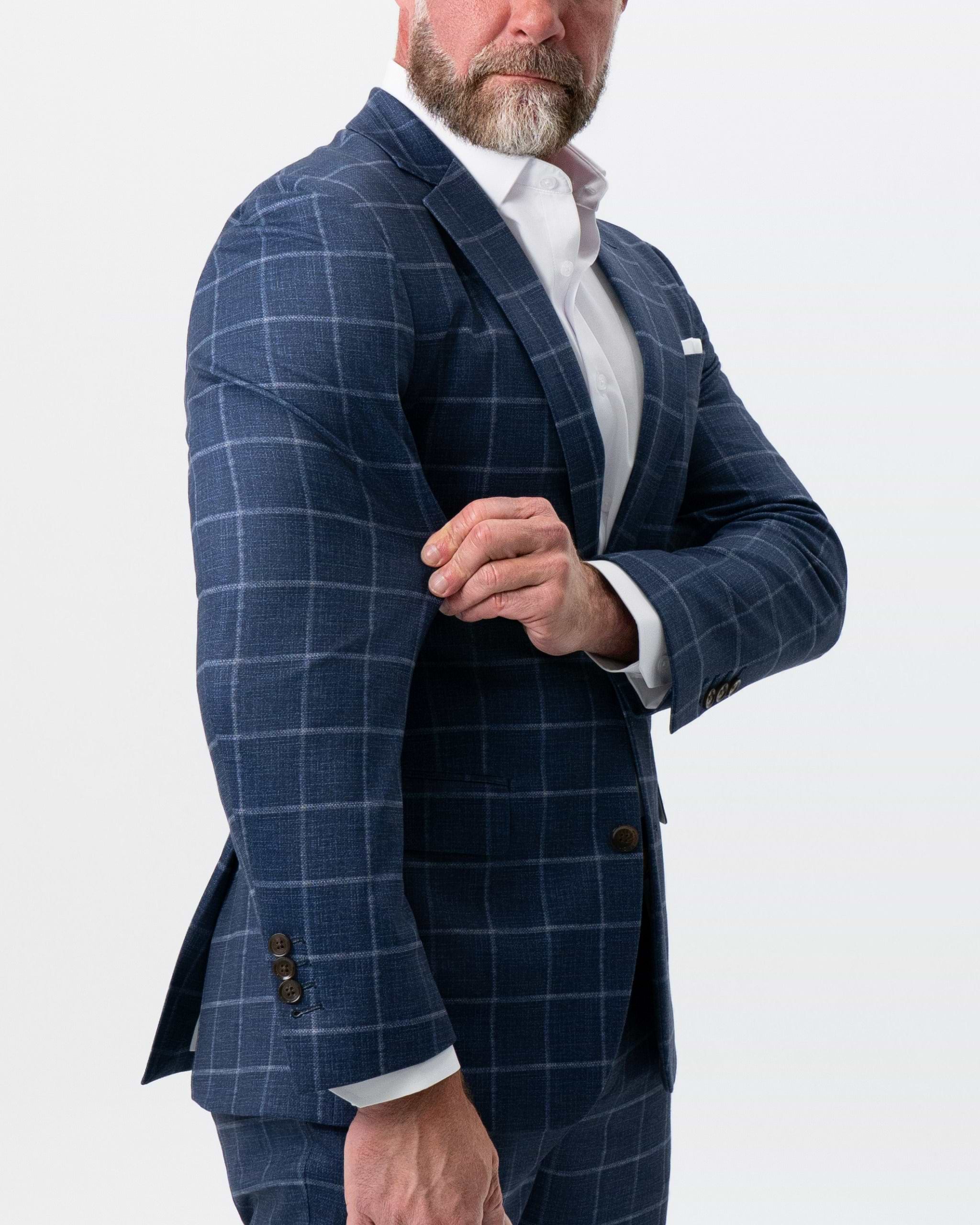 Athletic Fit Stretch Blazer - Textured Navy with White Windowpane