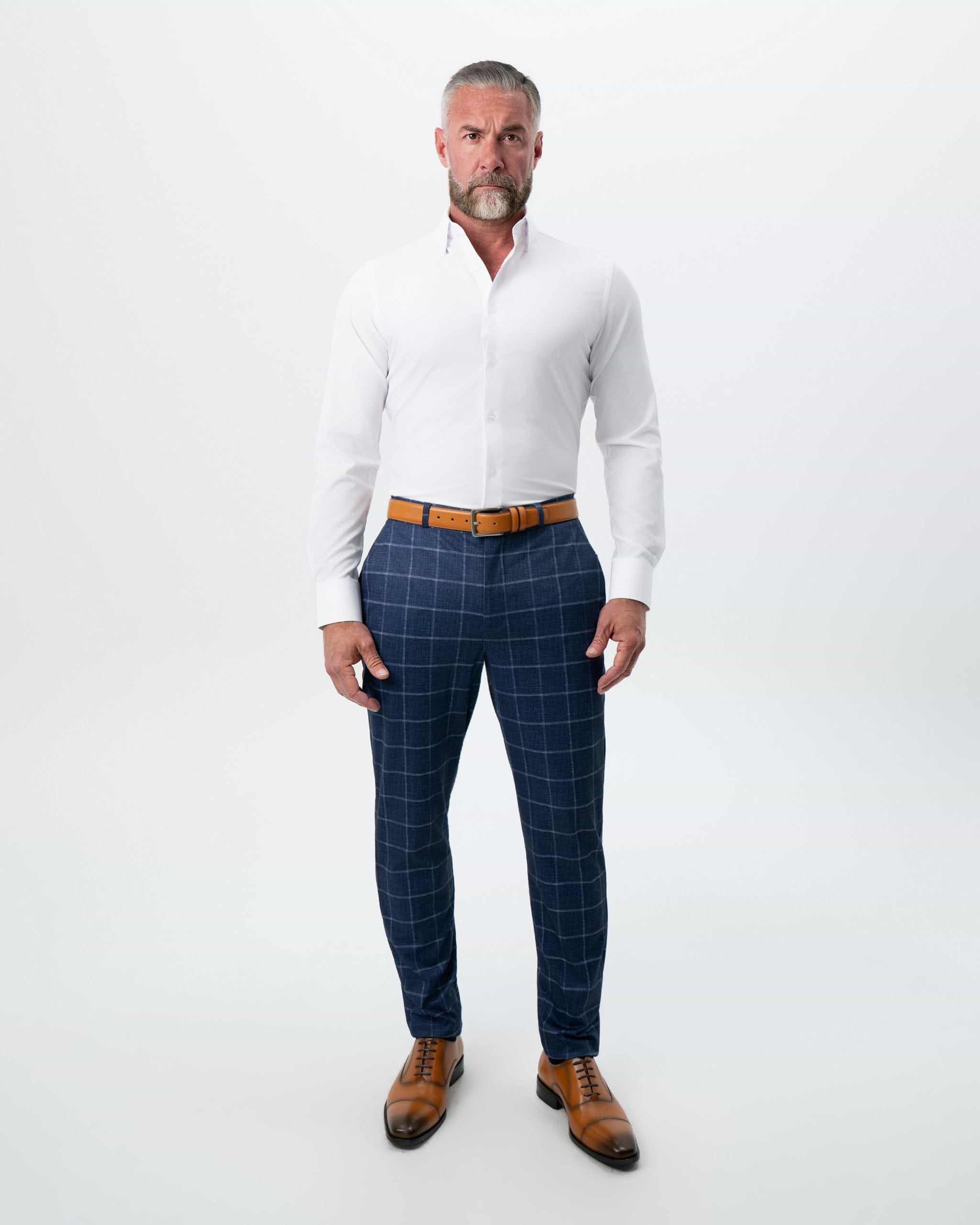 Athletic Fit Stretch Suit Pants - Textured Navy with White Windowpane