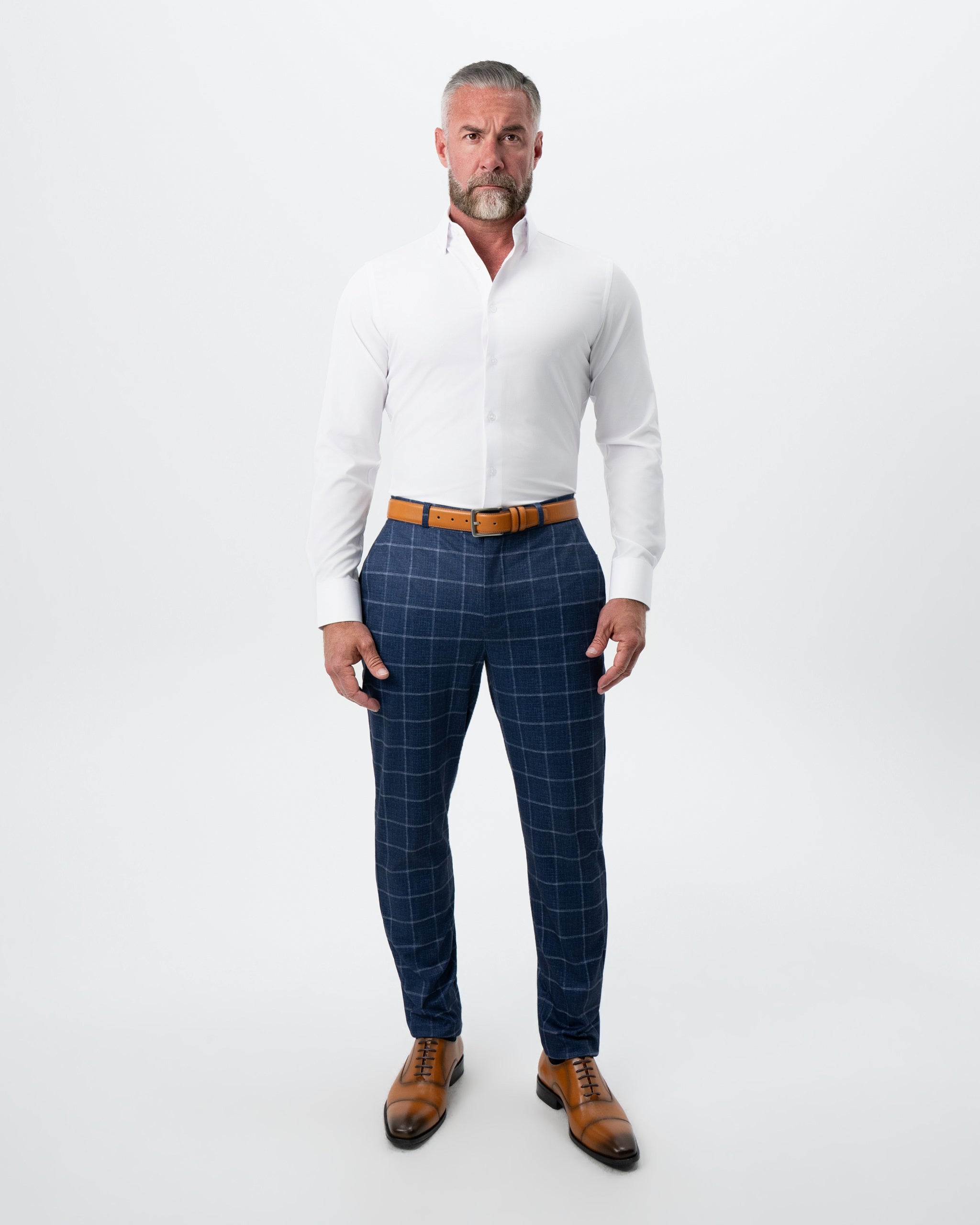Athletic Fit Stretch Suit Pants - Textured Navy with White Windowpane