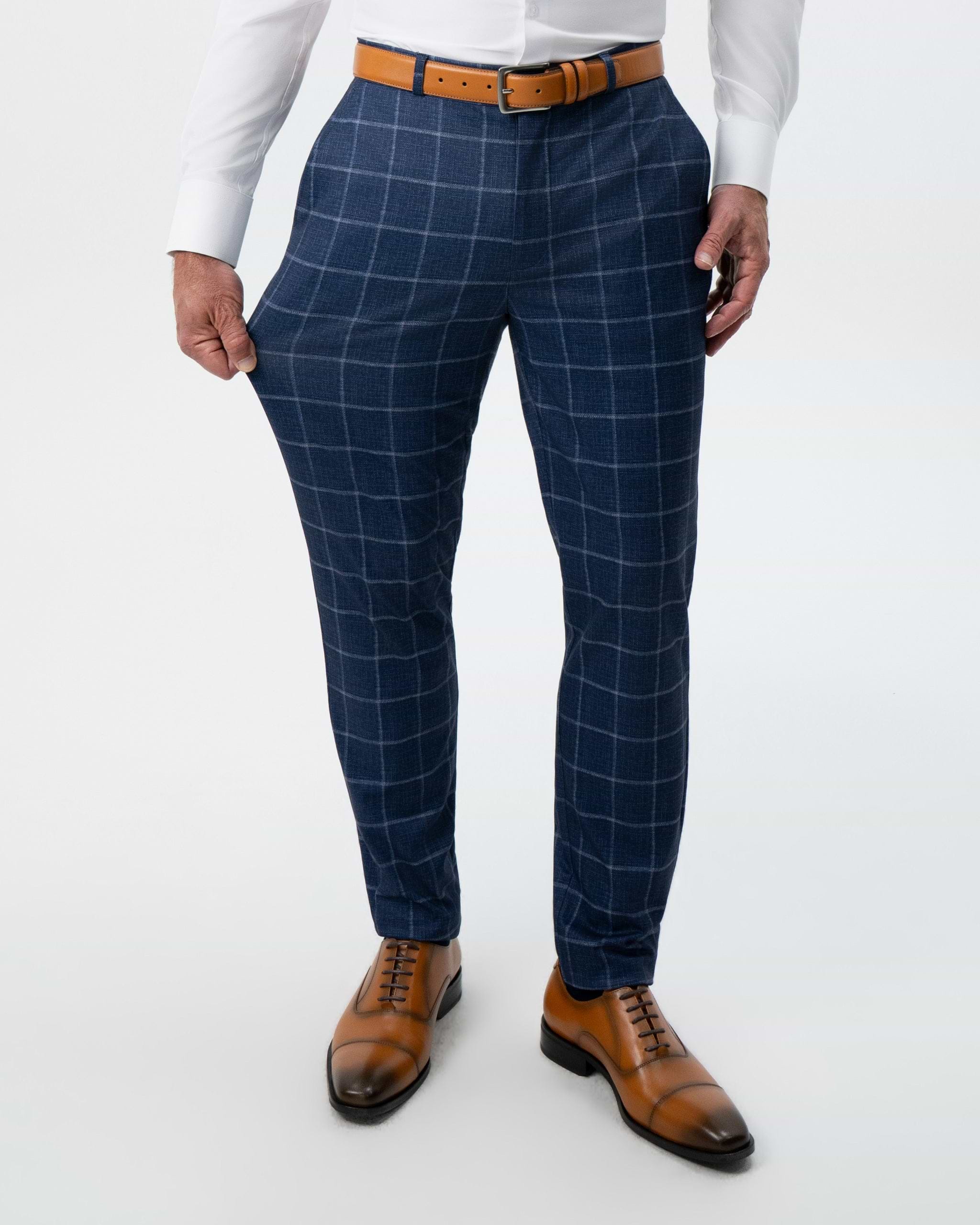 Athletic Fit Stretch Suit Pants - Textured Navy with White Windowpane