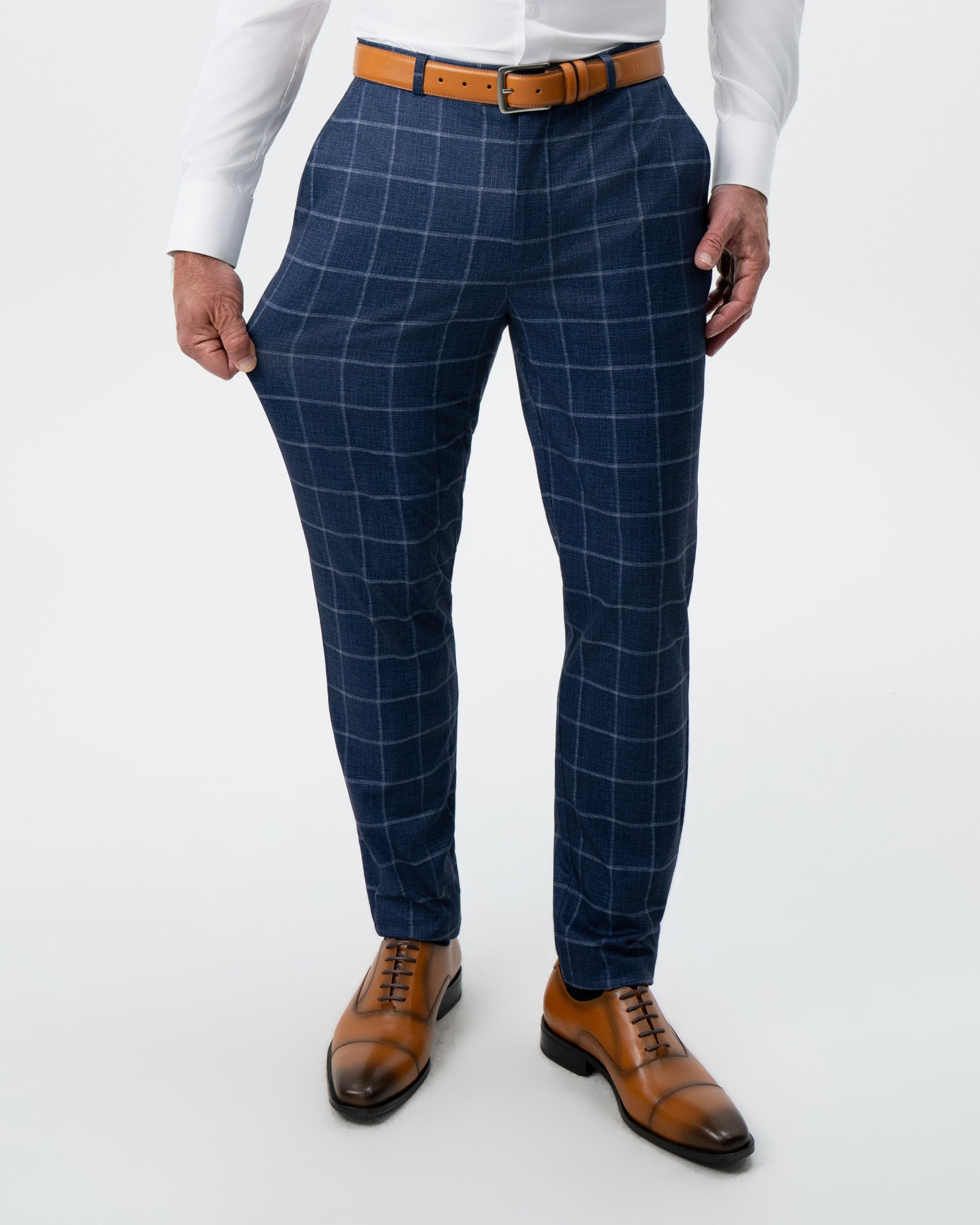 Athletic Fit Stretch Suit Pants - Textured Navy with White Windowpane