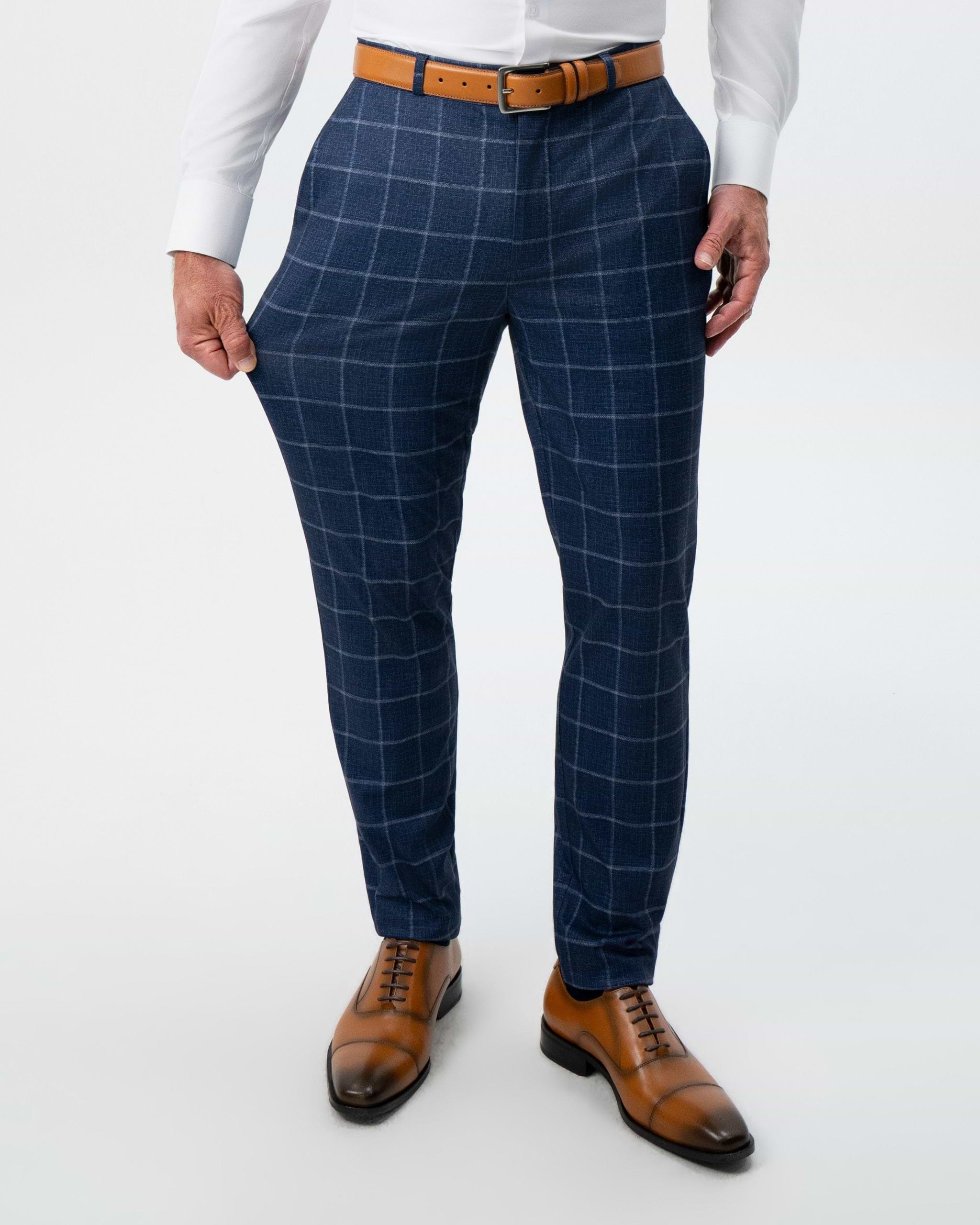 Athletic Fit Stretch Suit - Textured Navy with White Windowpane