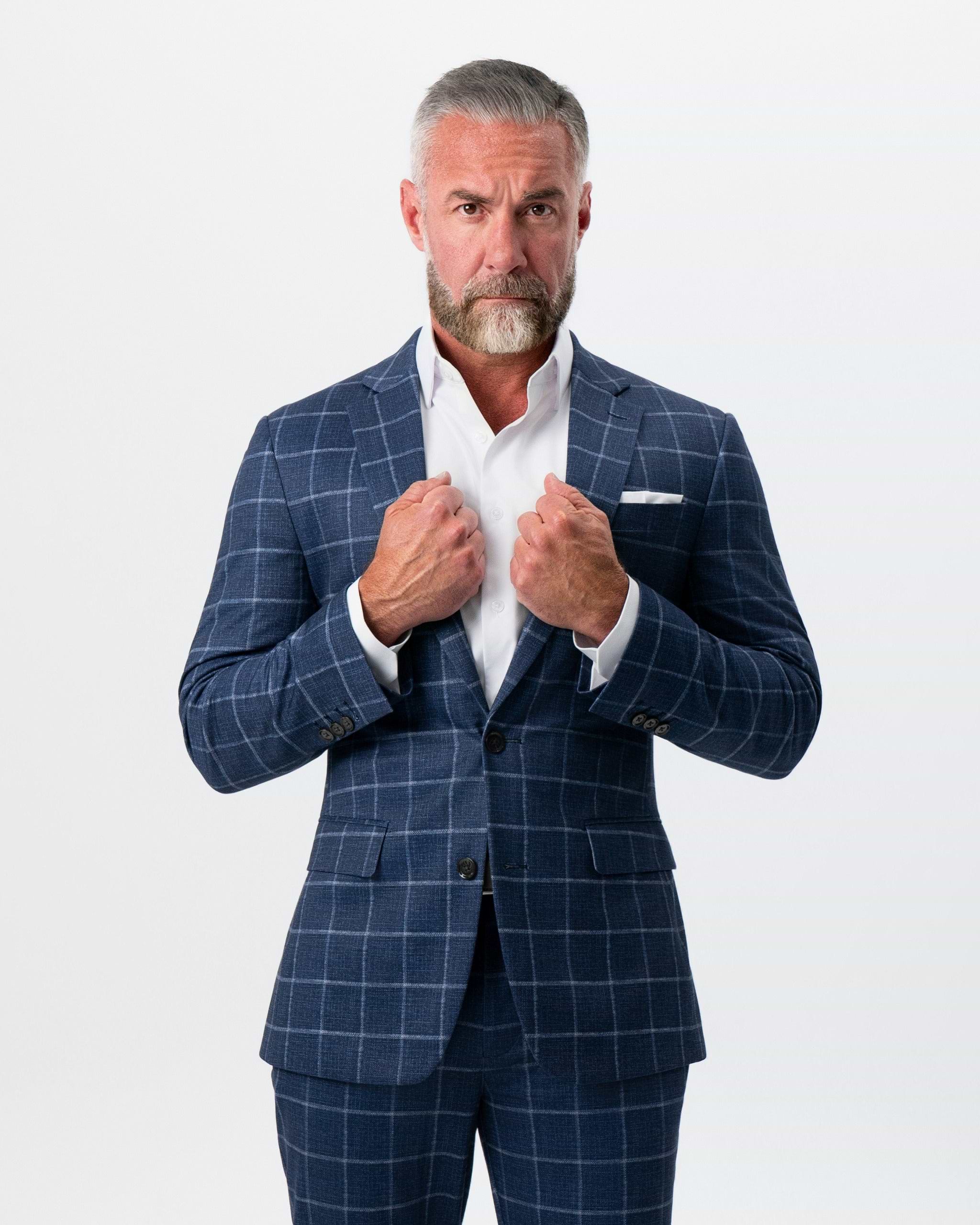 Athletic Fit Stretch Blazer - Textured Navy with White Windowpane
