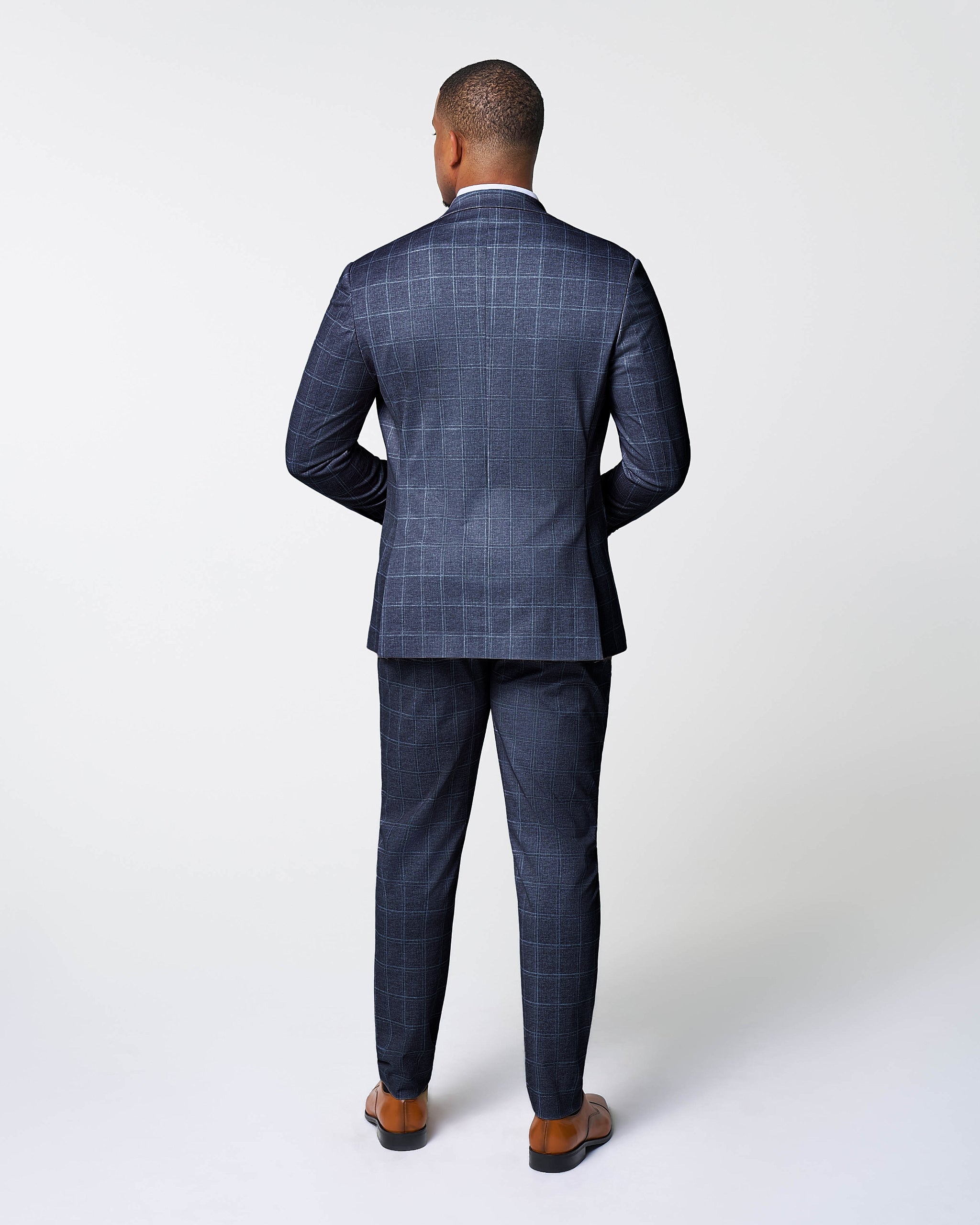 Athletic Fit Stretch Suit - Textured Navy with White Windowpane