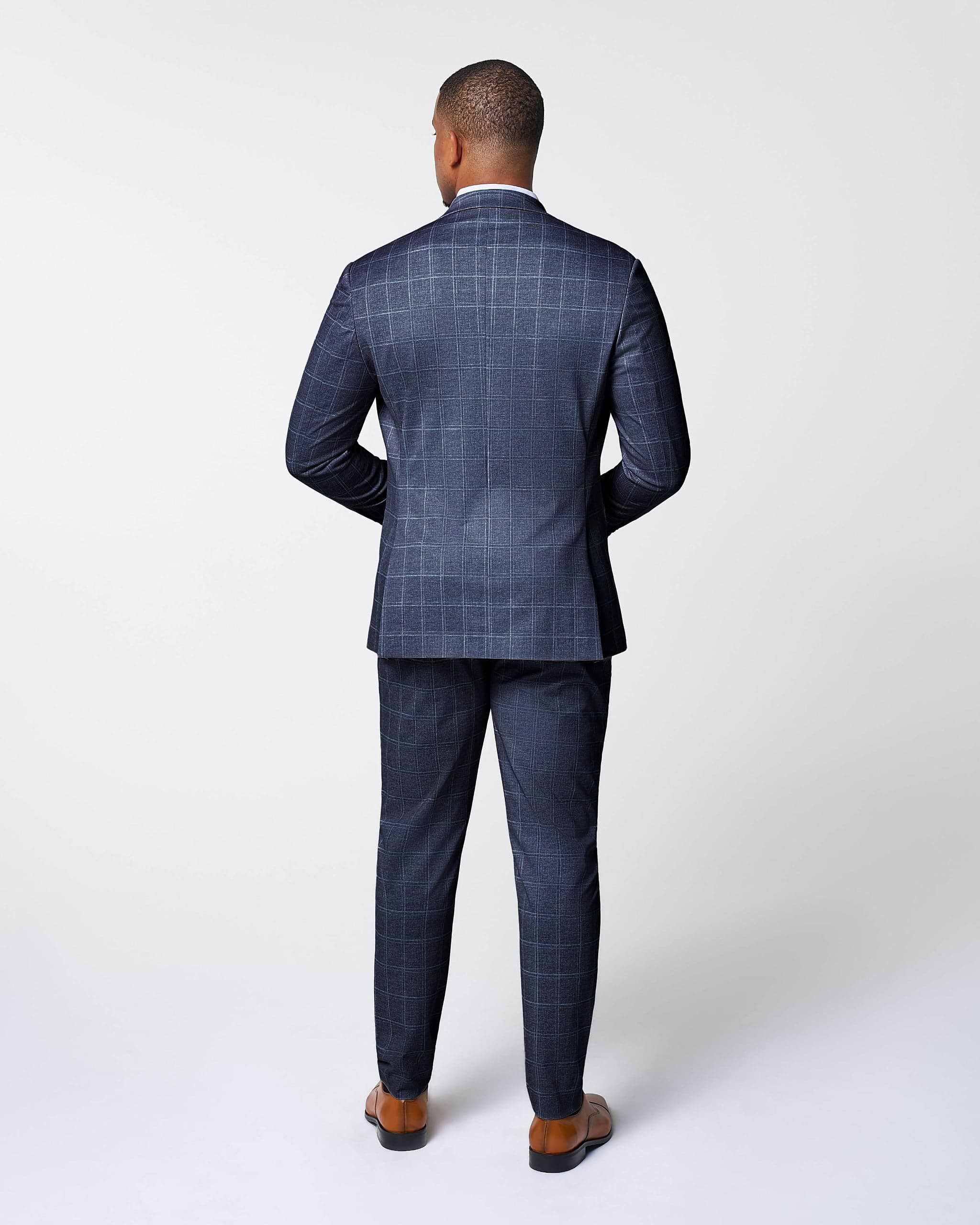 Athletic Fit Stretch Suit Pants - Textured Navy with White Windowpane