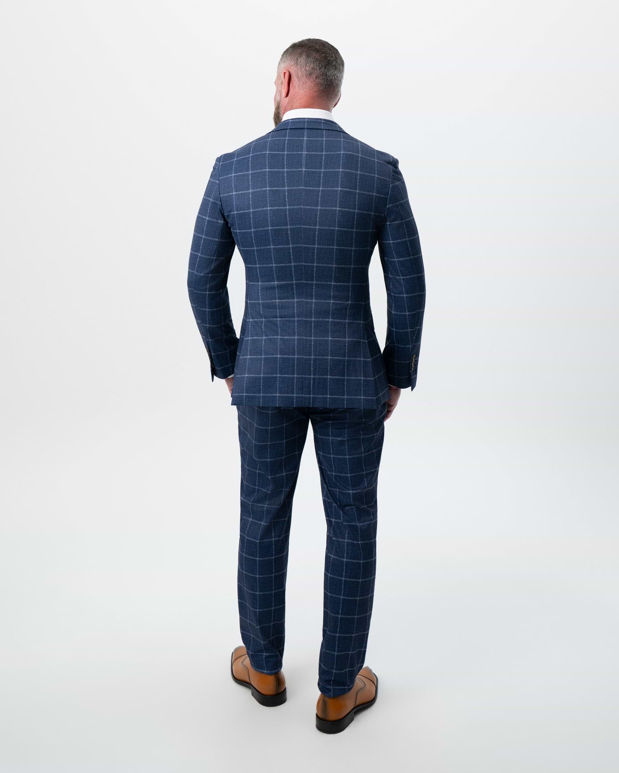 Athletic Fit Stretch Suit Pants - Textured Navy with White Windowpane