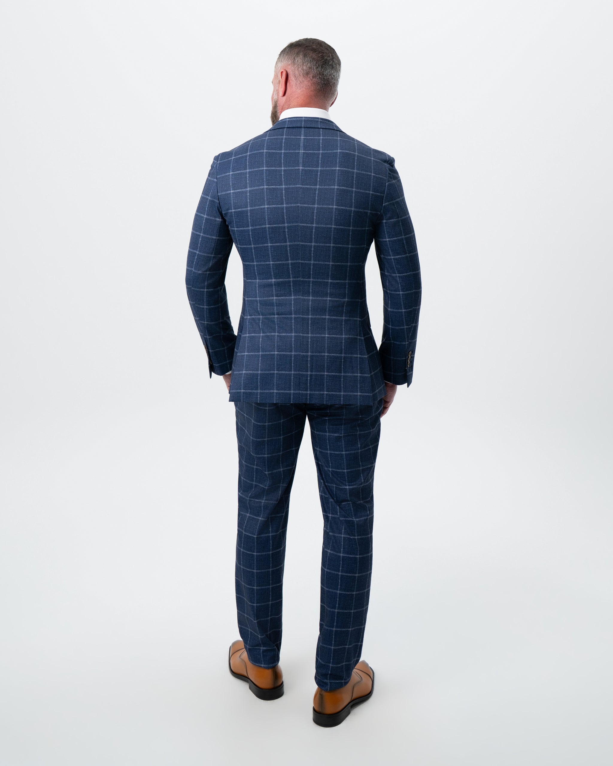Athletic Fit Stretch Suit Pants - Textured Navy with White Windowpane