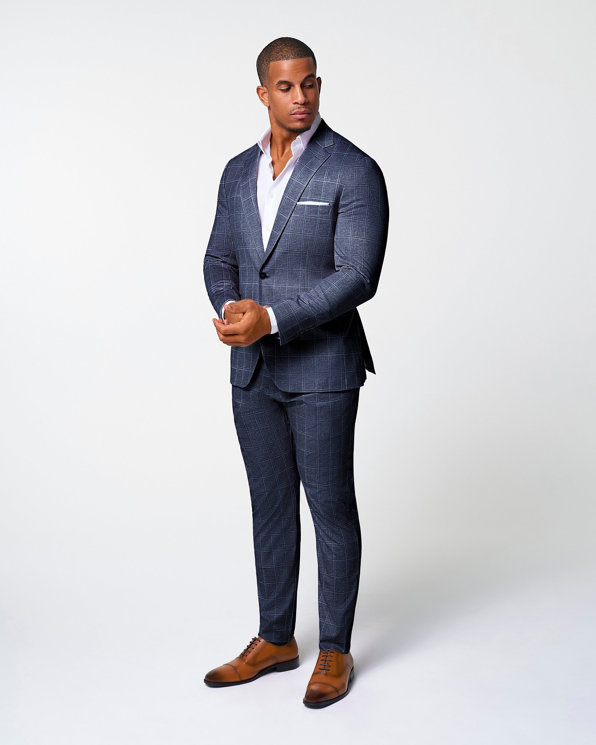 Athletic Fit Stretch Suit - Textured Navy with White Windowpane