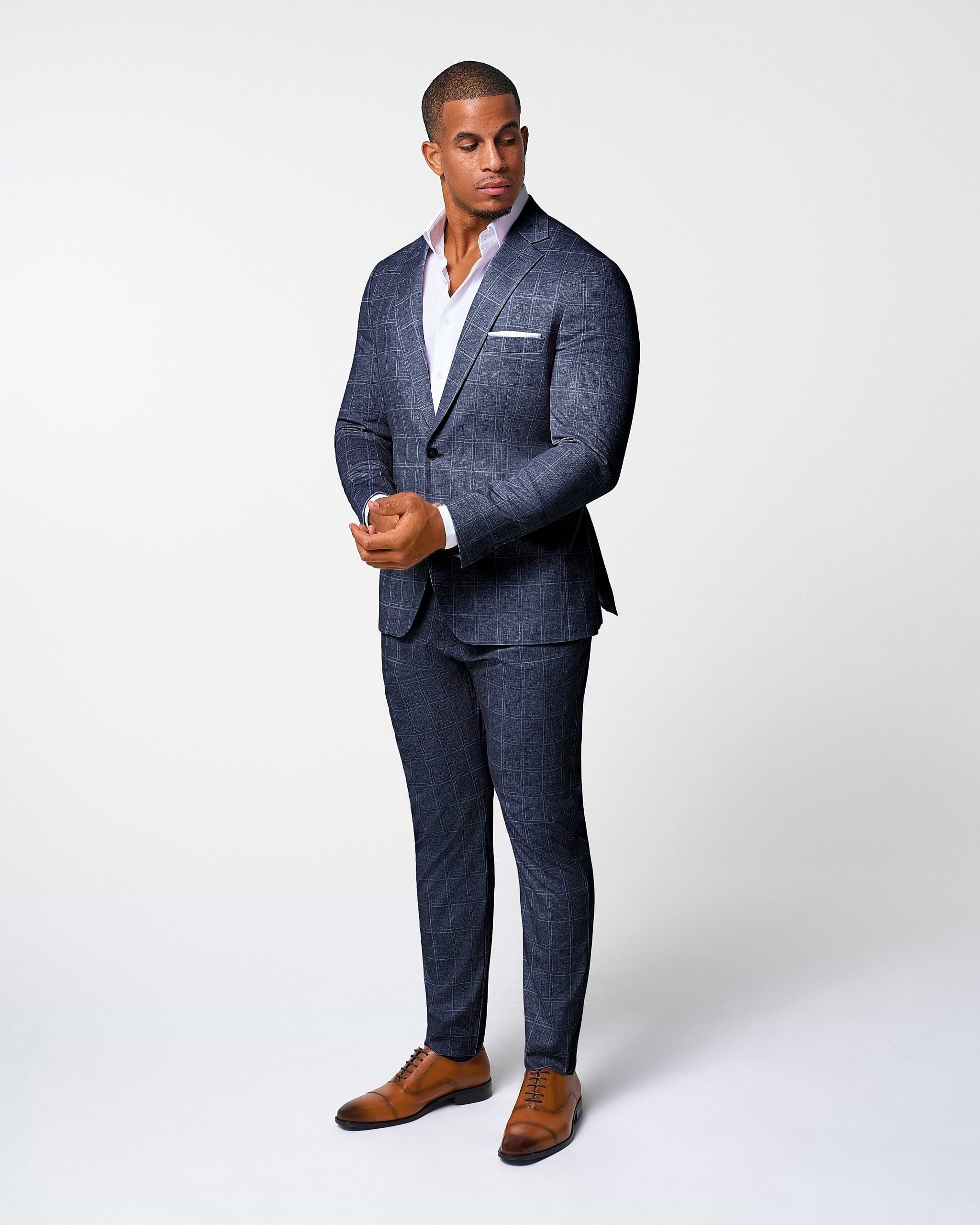 Athletic Fit Stretch Blazer - Textured Navy with White Windowpane