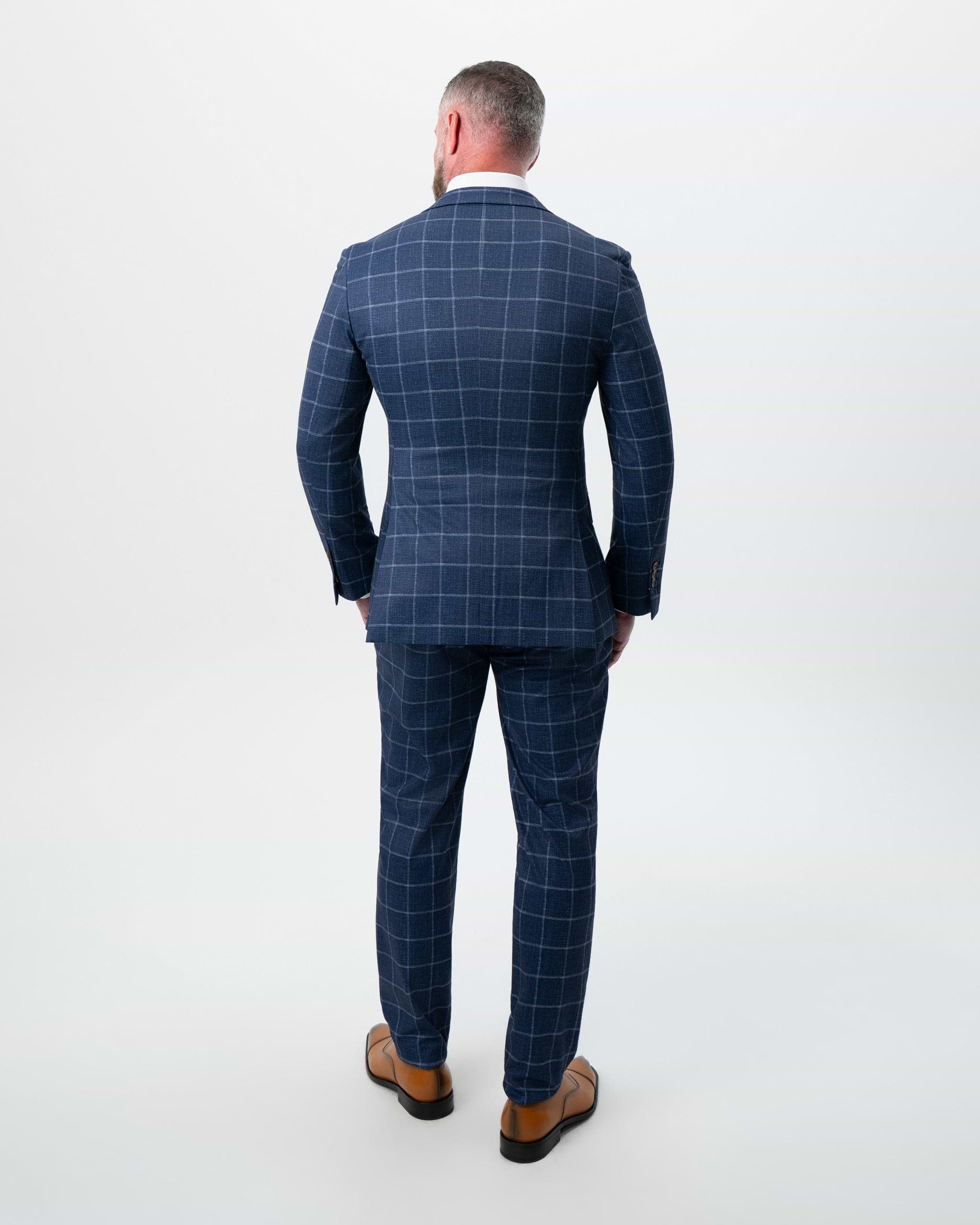 Athletic Fit Stretch Suit - Textured Navy with White Windowpane