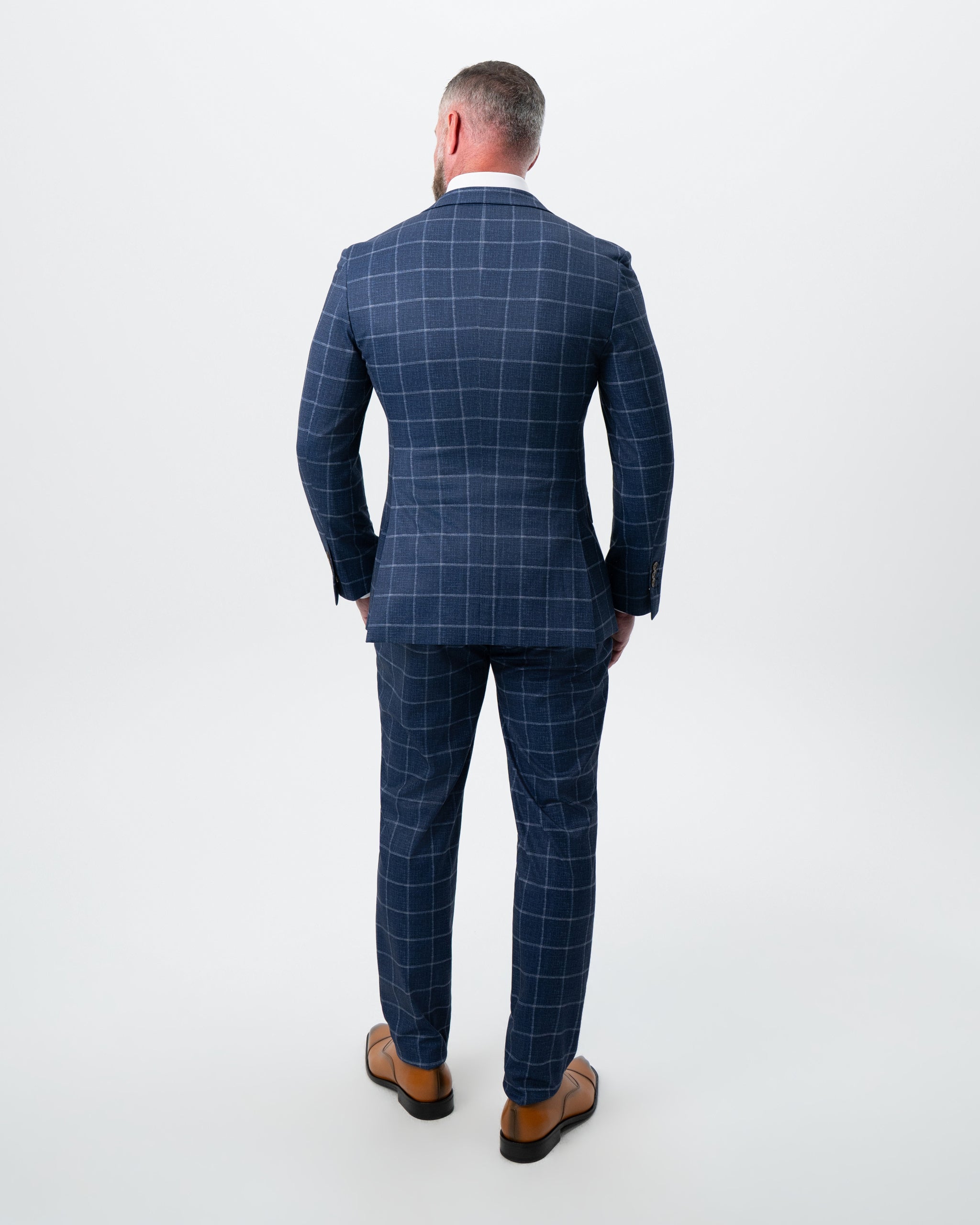 Athletic Fit Stretch Suit - Textured Navy with White Windowpane