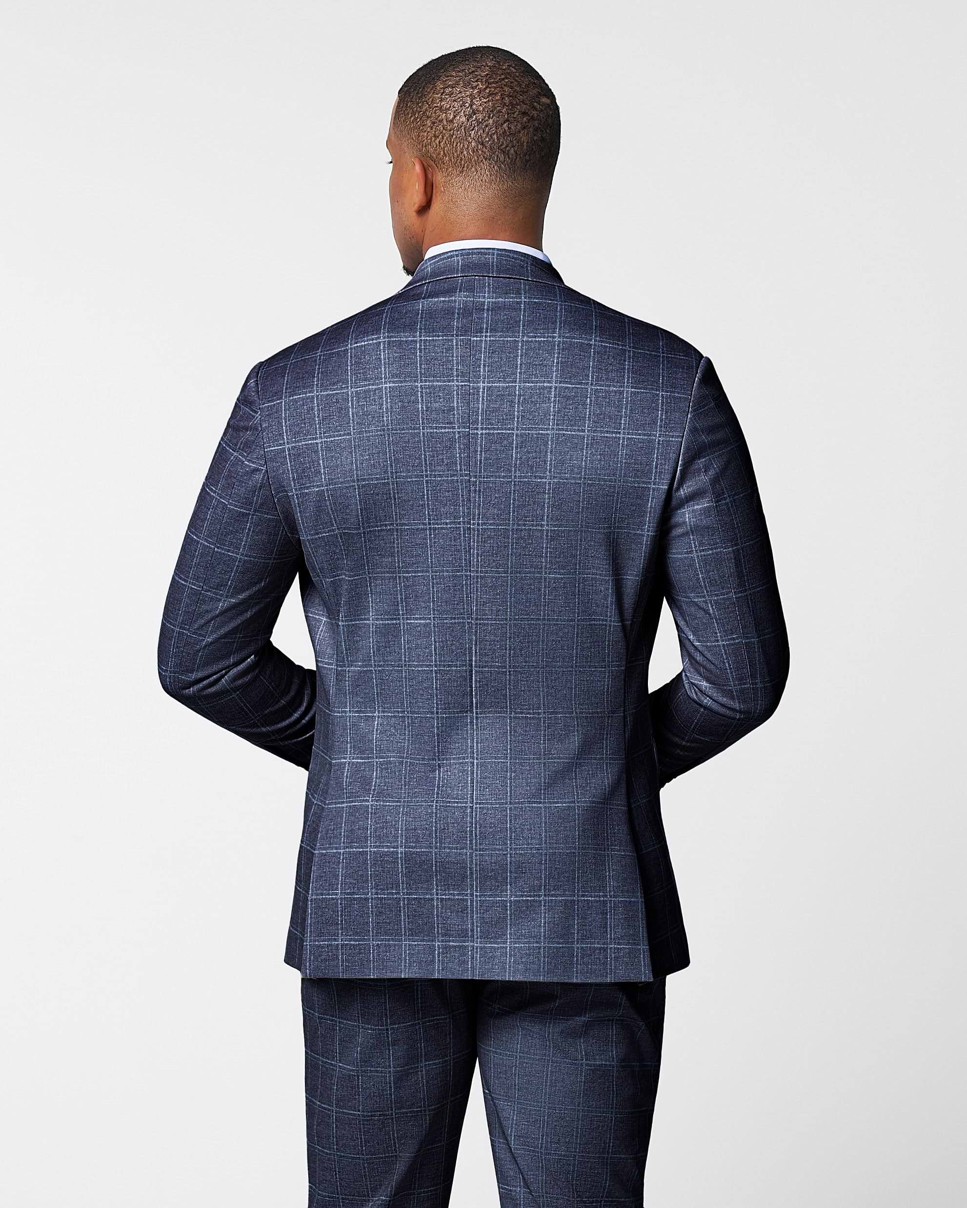 Athletic Fit Stretch Blazer - Textured Navy with White Windowpane