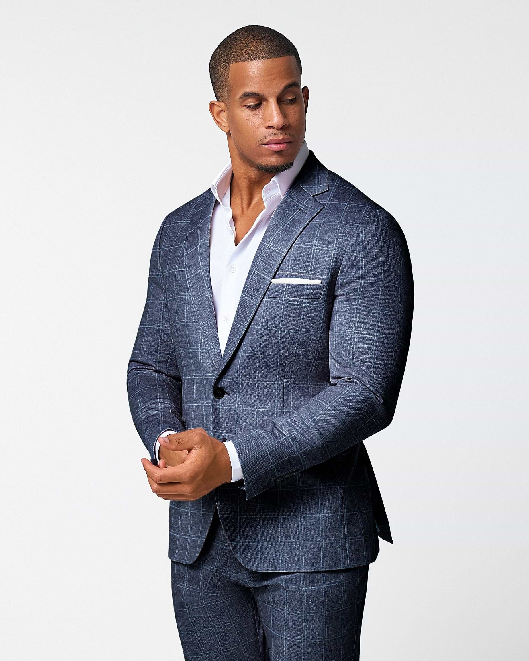 Athletic Fit Stretch Blazer - Textured Navy with White Windowpane