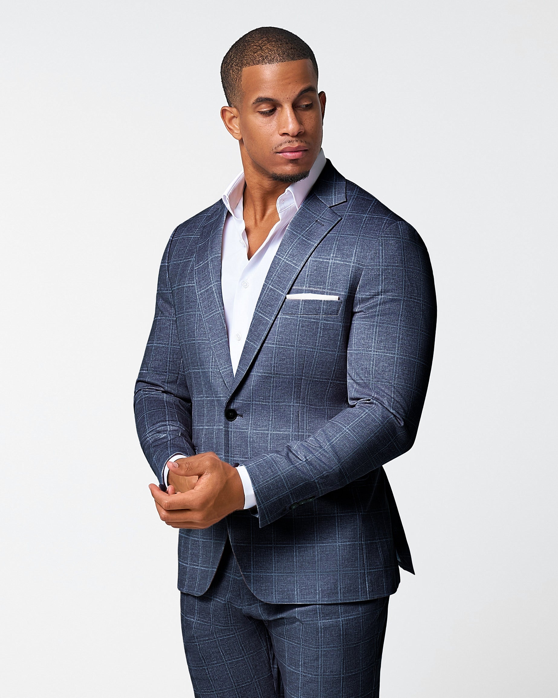 Athletic Fit Stretch Blazer - Textured Navy with White Windowpane
