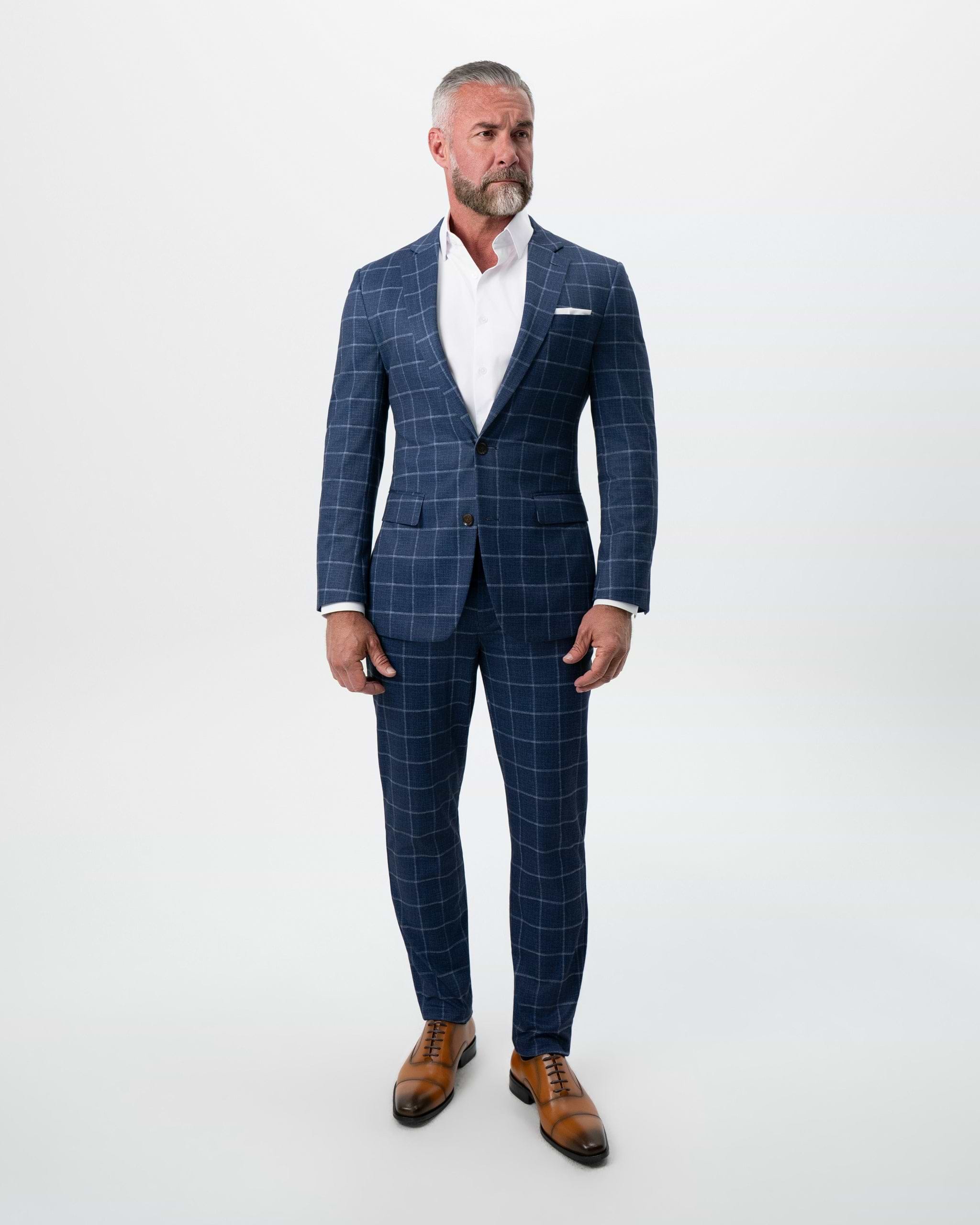 Athletic Fit Stretch Suit Pants - Textured Navy with White Windowpane