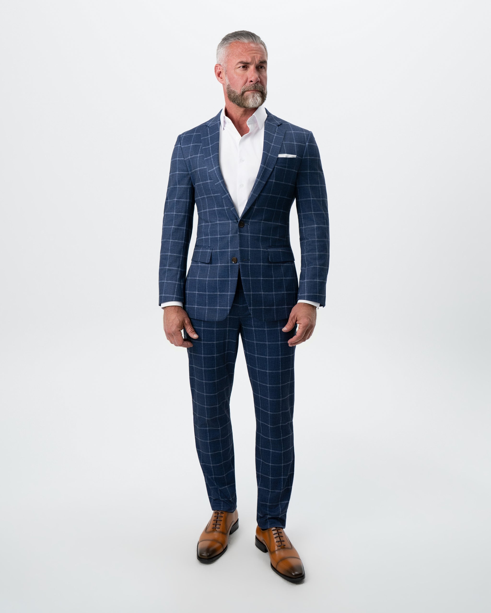 Athletic Fit Stretch Suit Pants - Textured Navy with White Windowpane