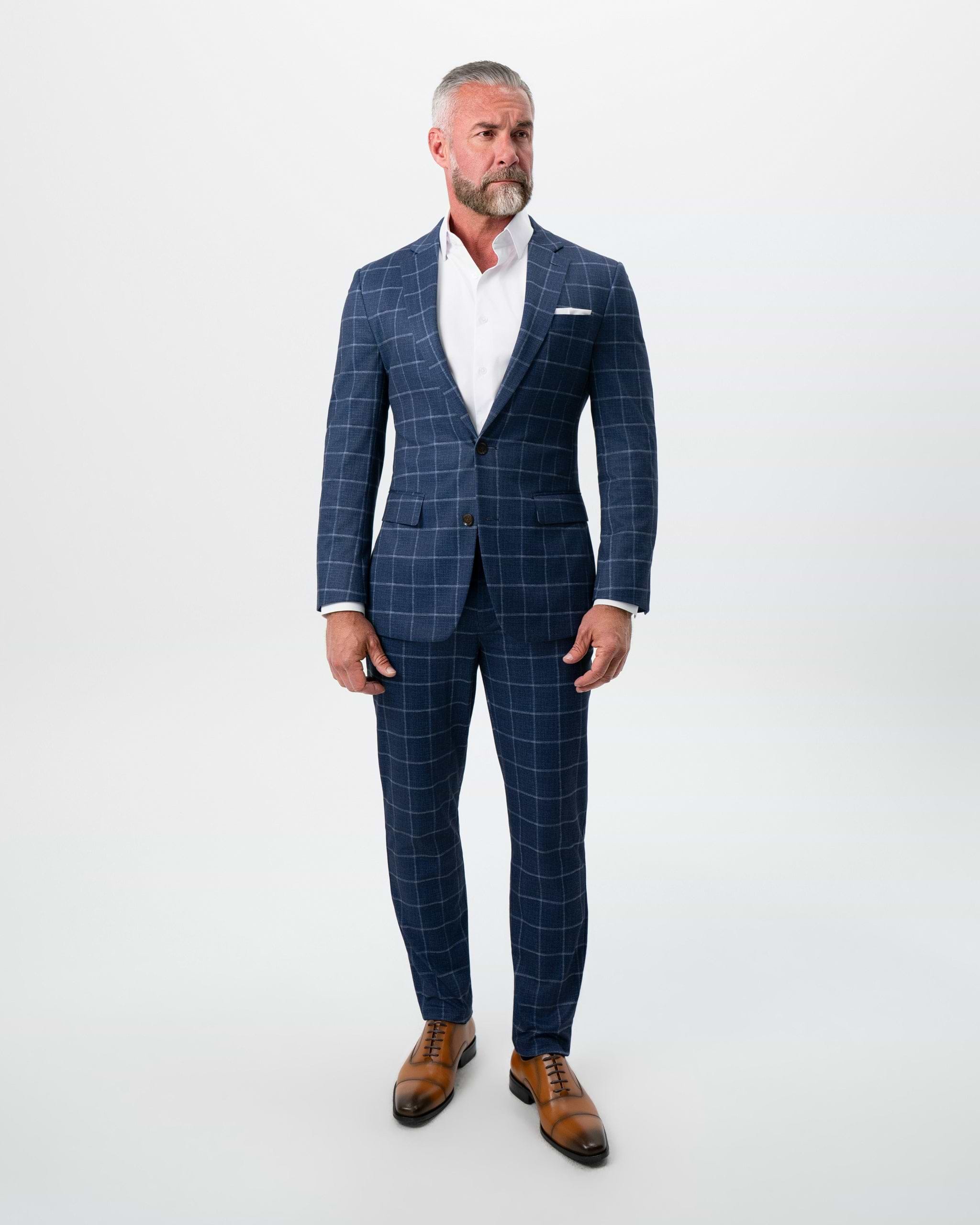Athletic Fit Stretch Blazer - Textured Navy with White Windowpane