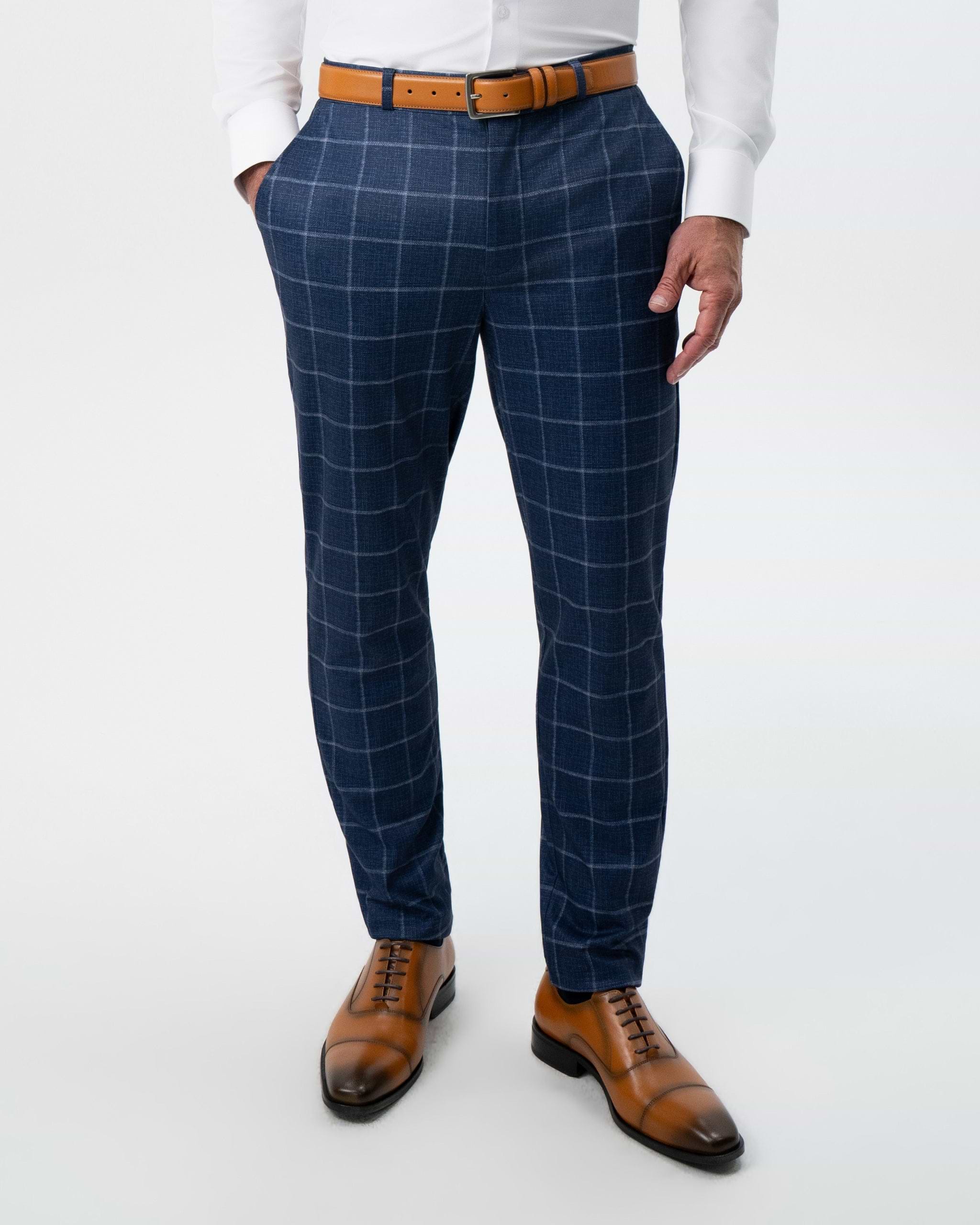 Athletic Fit Stretch Suit Pants - Textured Navy with White Windowpane