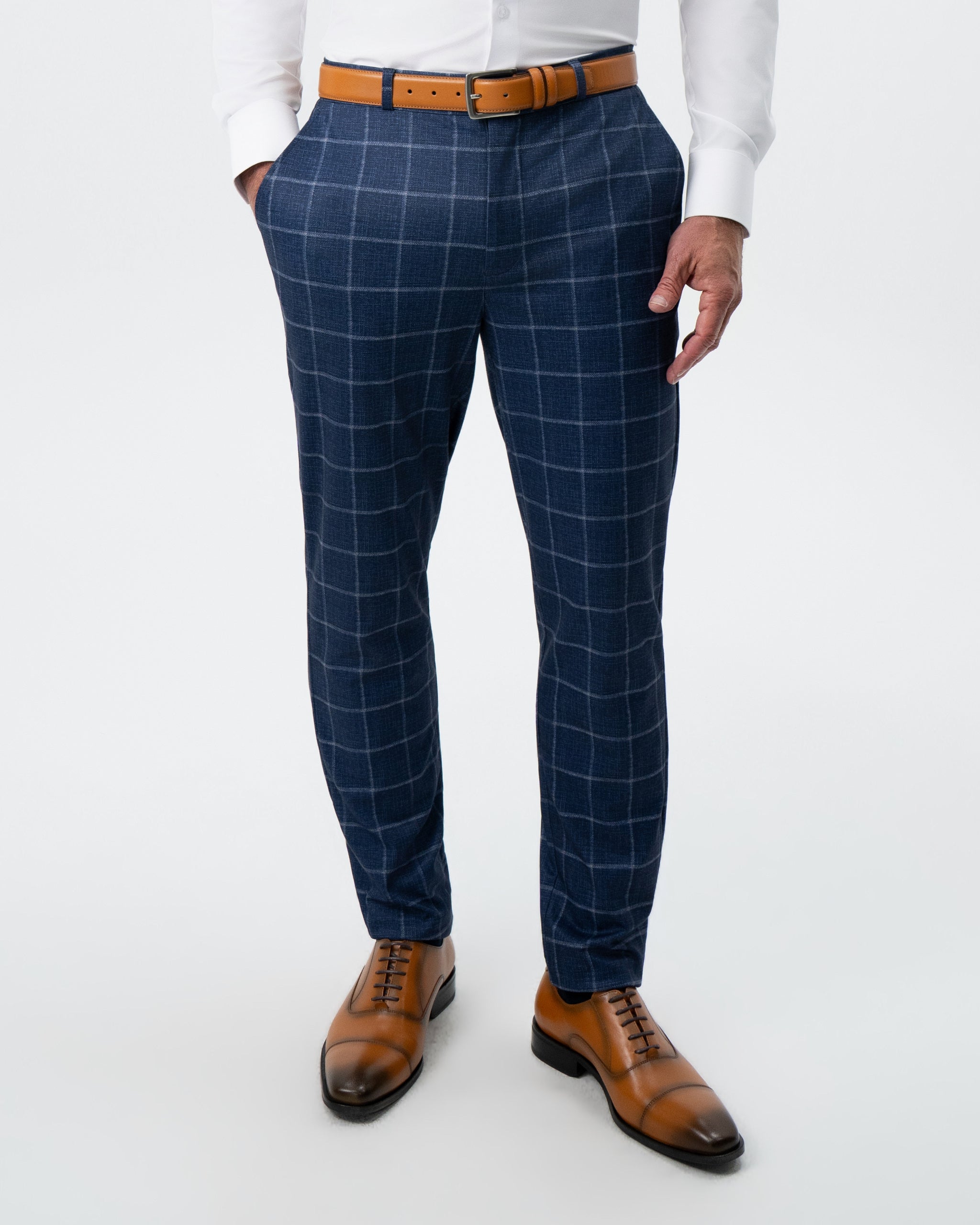 Athletic Fit Stretch Suit Pants - Textured Navy with White Windowpane