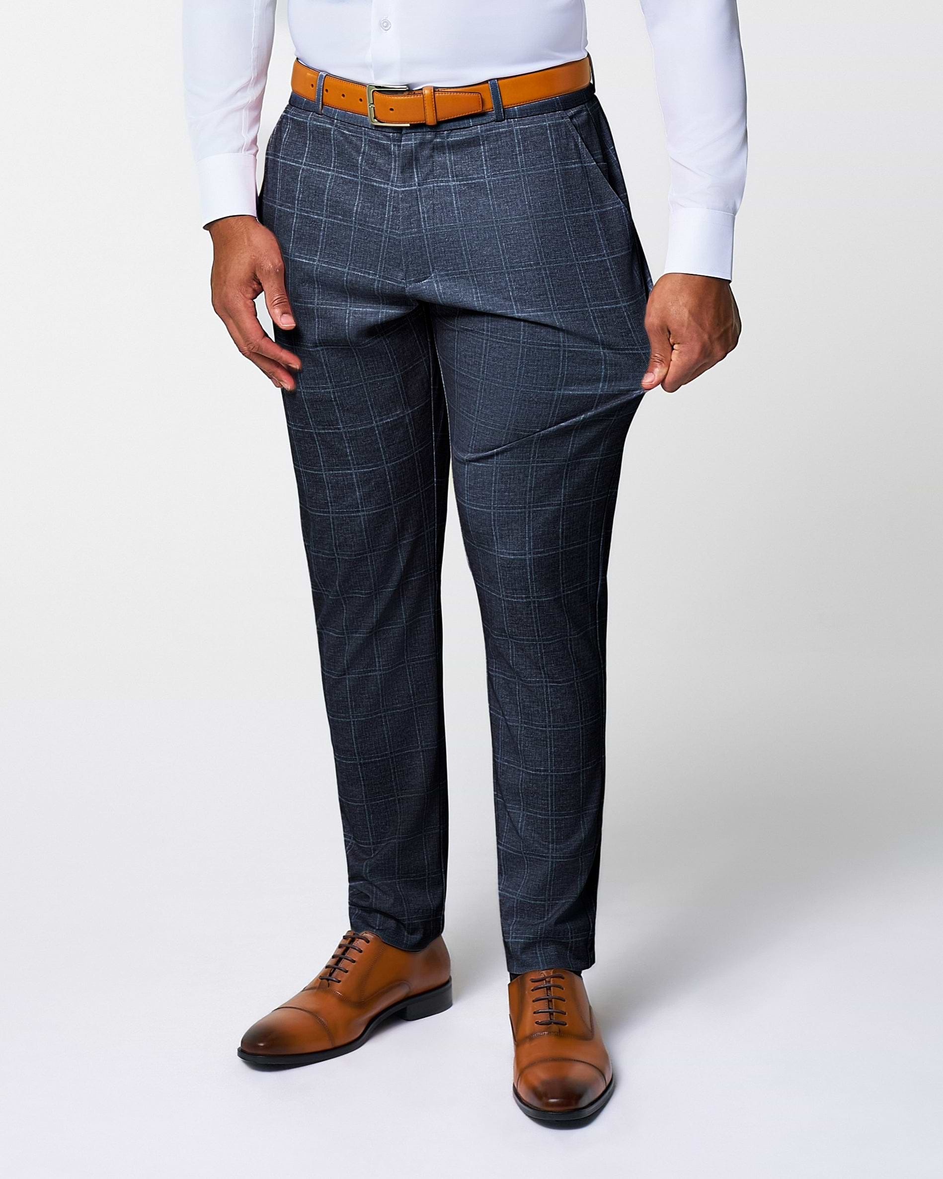 Athletic Fit Stretch Suit Pants - Textured Navy with White Windowpane