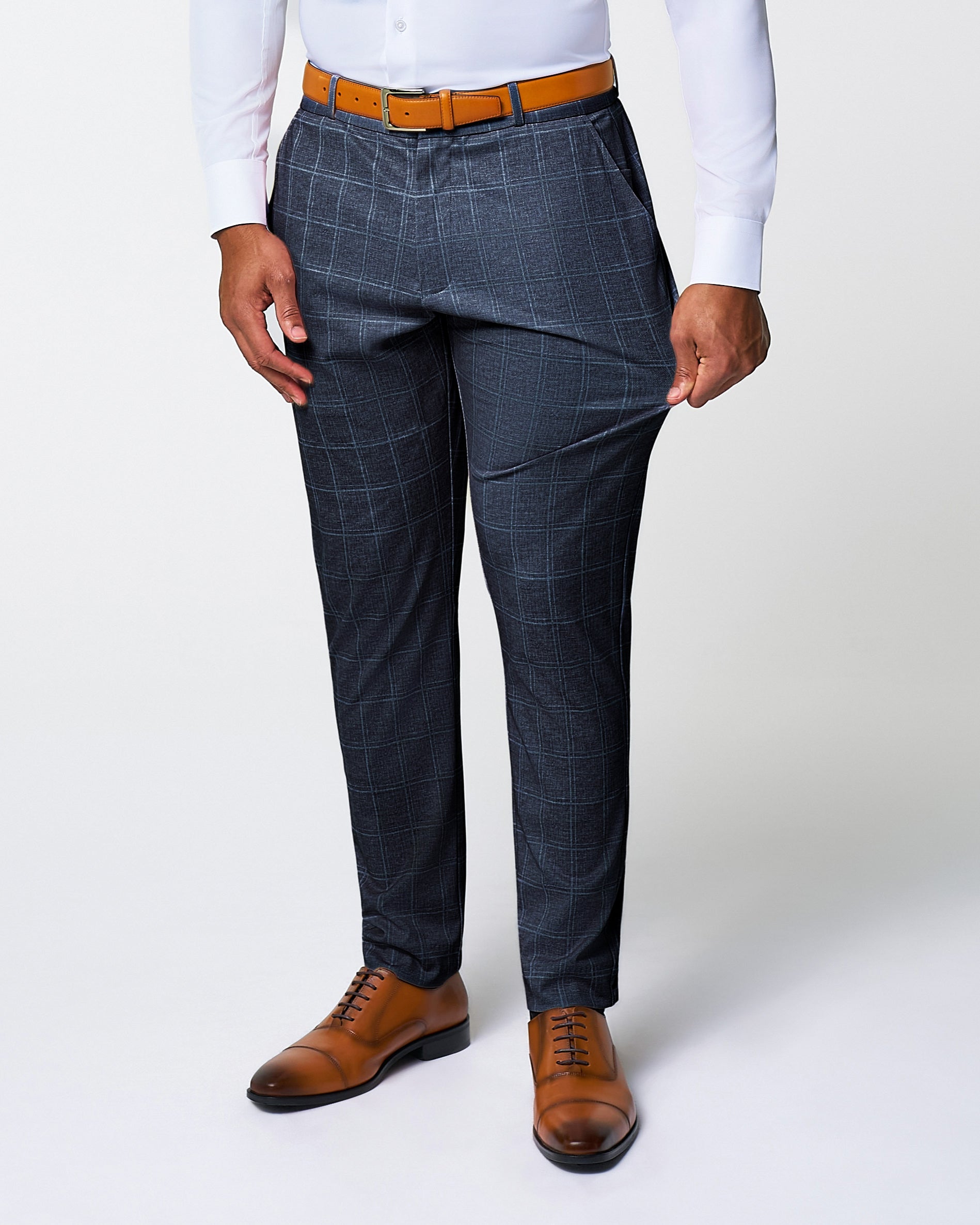Athletic Fit Stretch Suit Pants - Textured Navy with White Windowpane