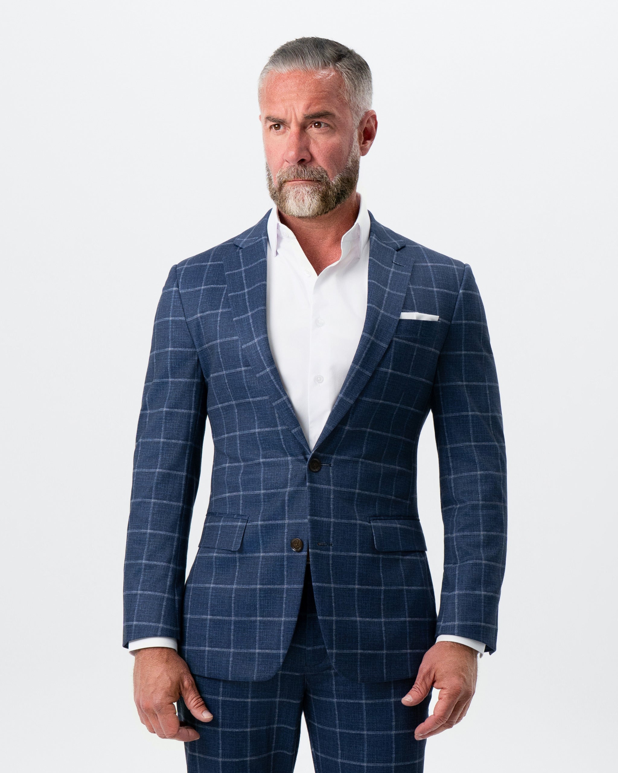 Athletic Fit Stretch Blazer - Textured Navy with White Windowpane