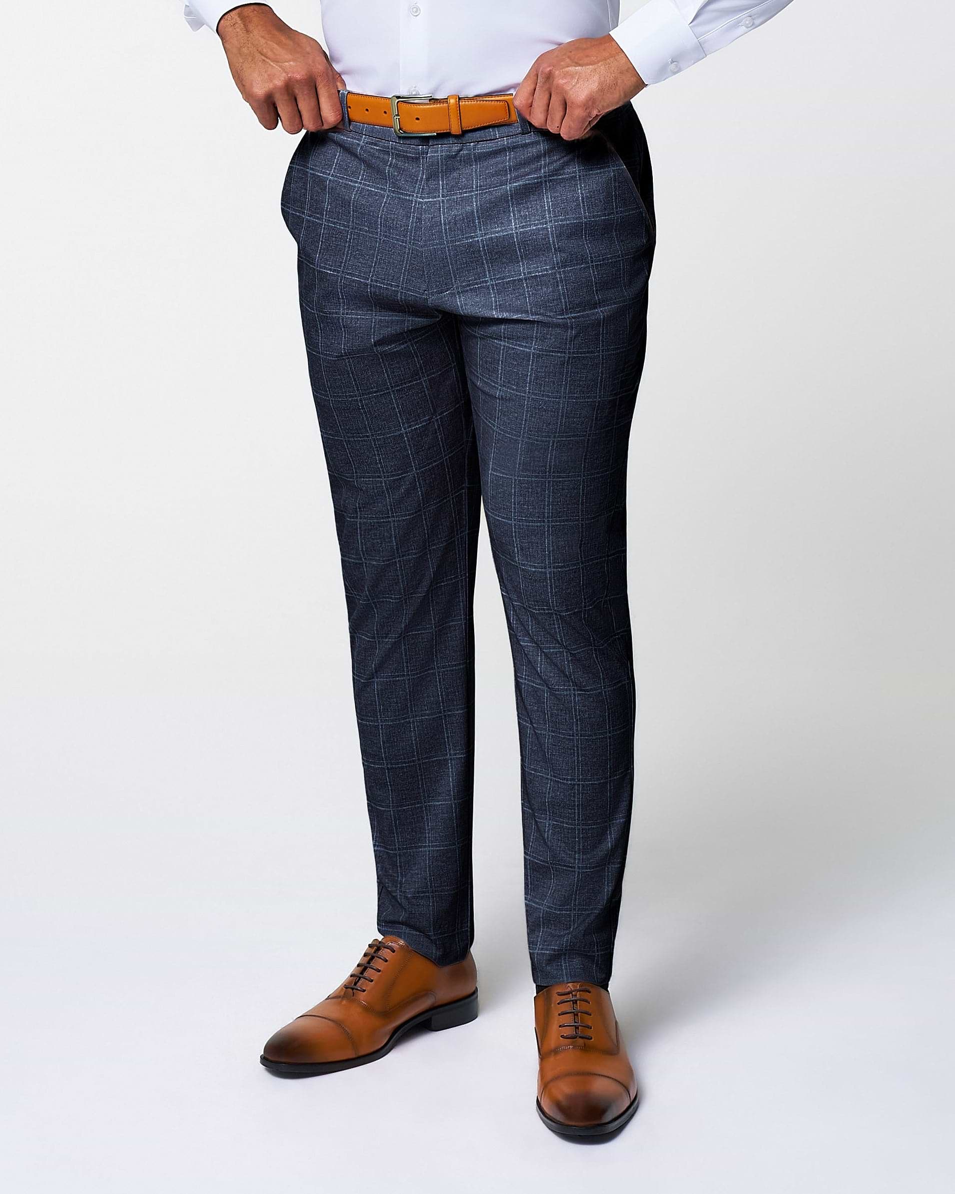 Athletic Fit Stretch Suit Pants - Textured Navy with White Windowpane