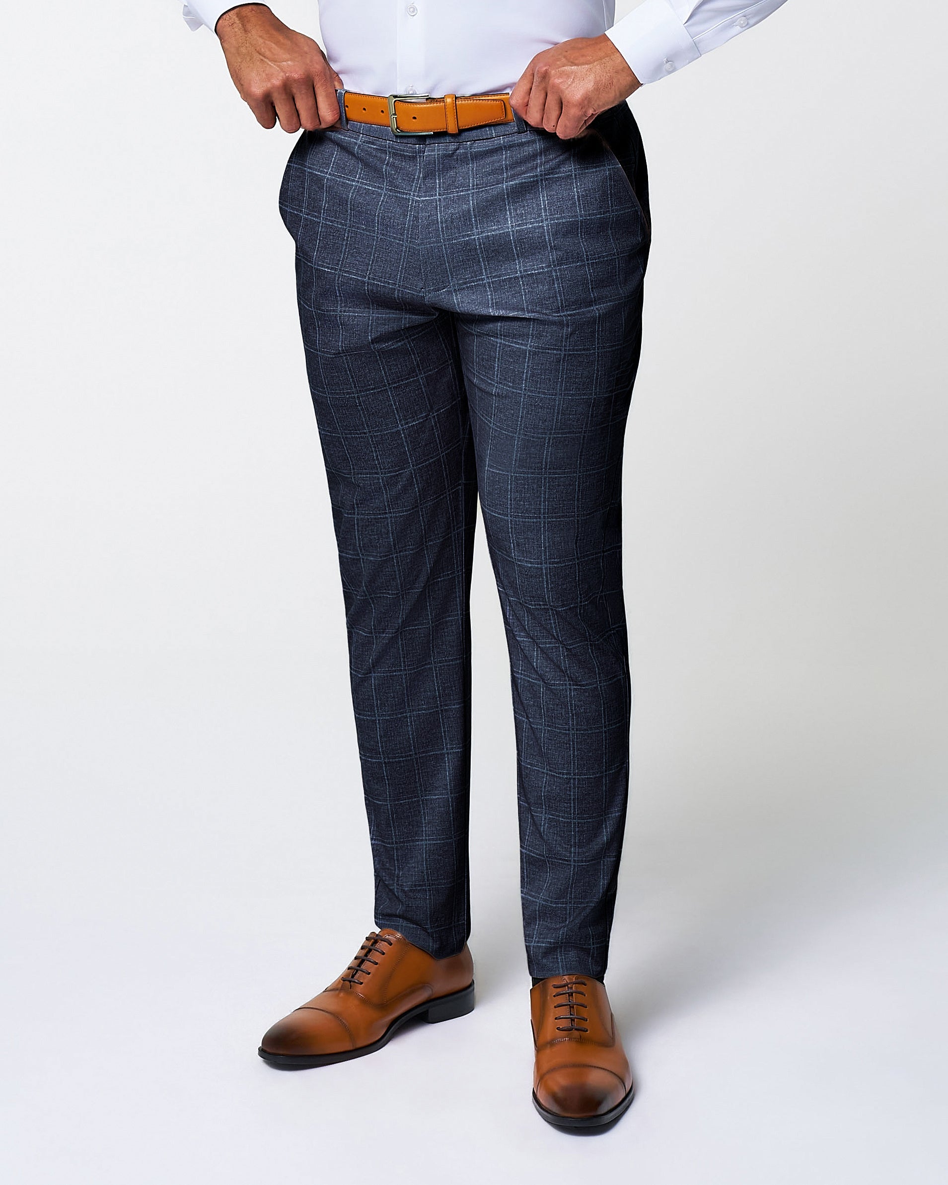 Athletic Fit Stretch Suit Pants - Textured Navy with White Windowpane
