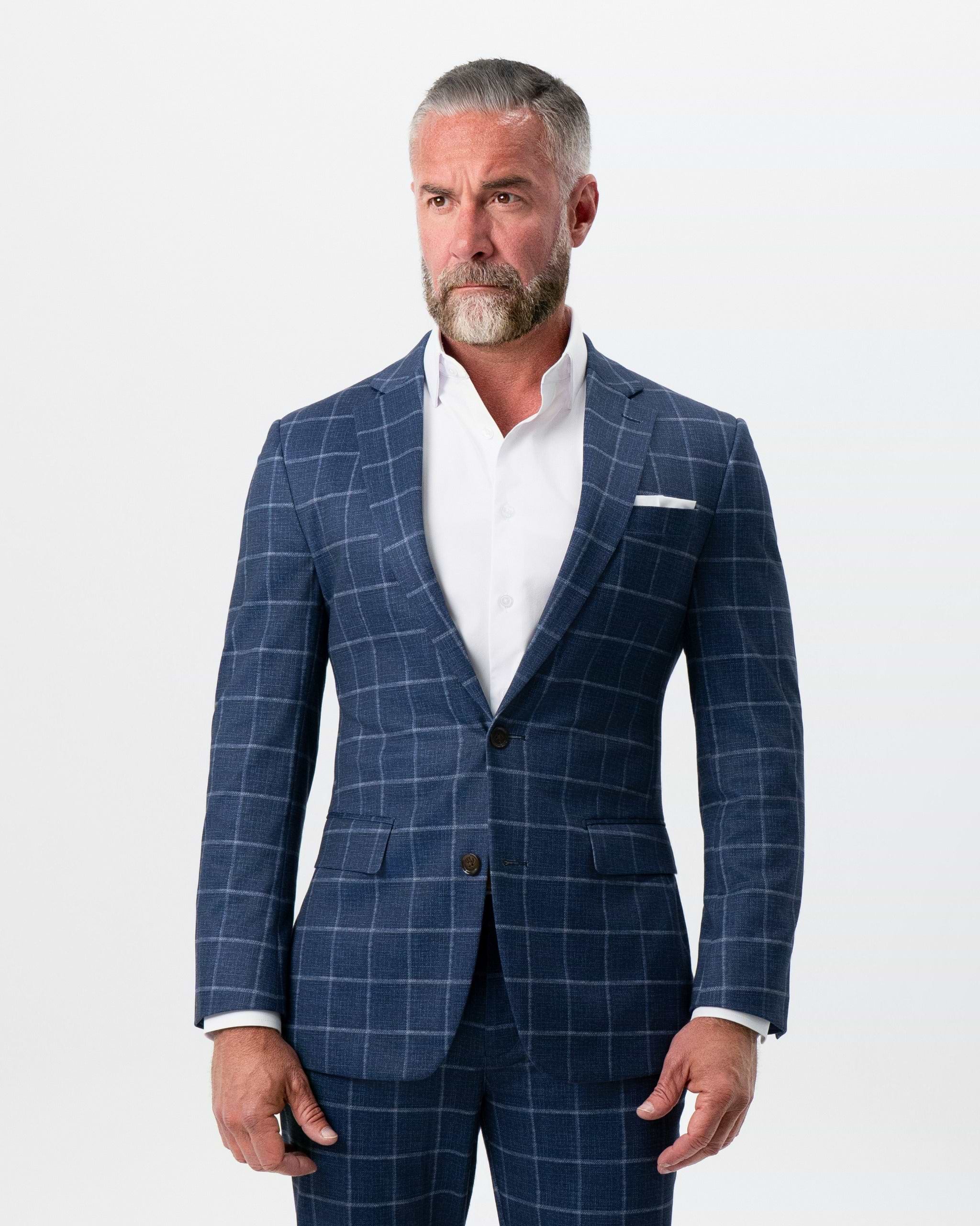 Athletic Fit Stretch Suit - Textured Navy with White Windowpane