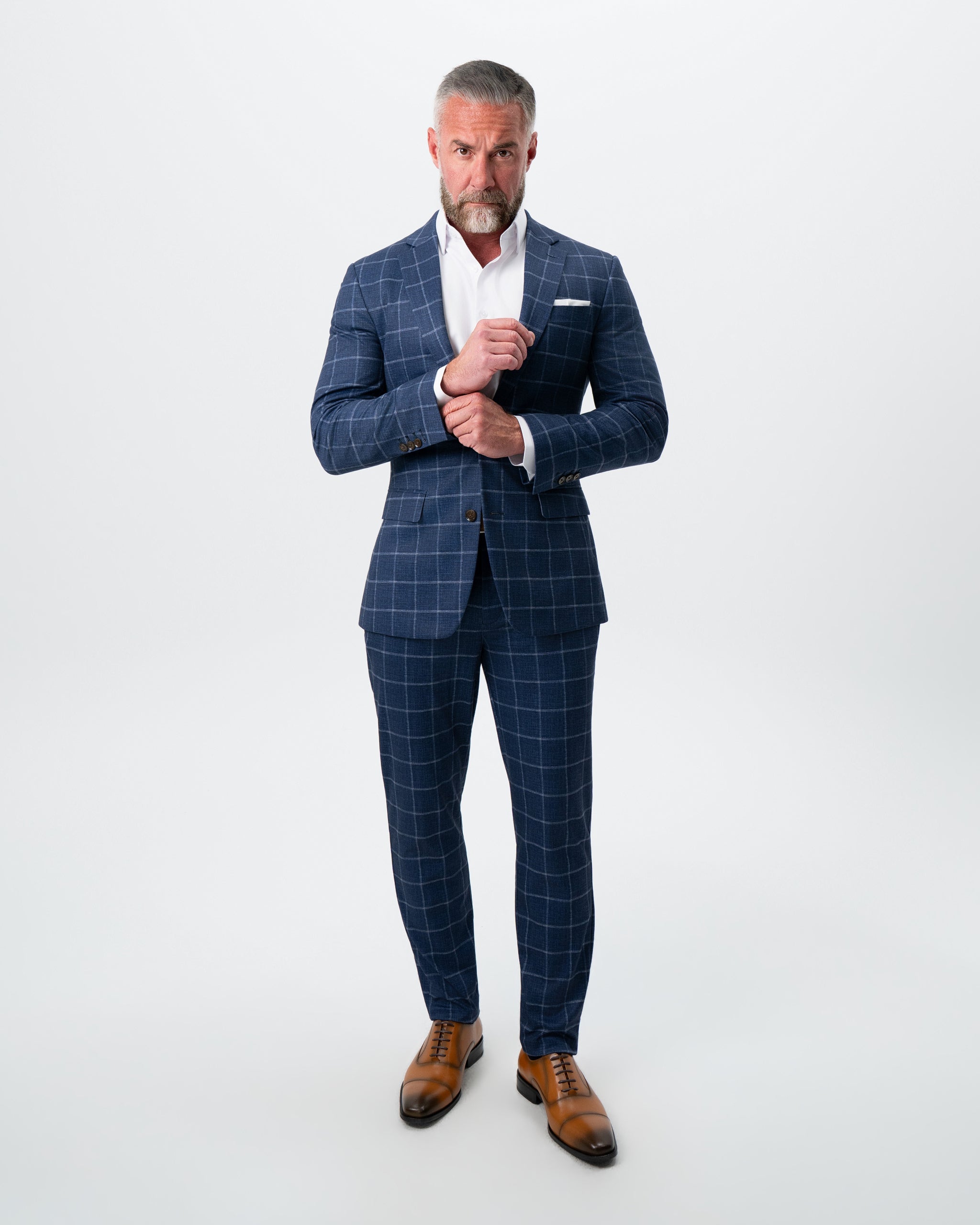 Athletic Fit Stretch Suit - Textured Navy with White Windowpane