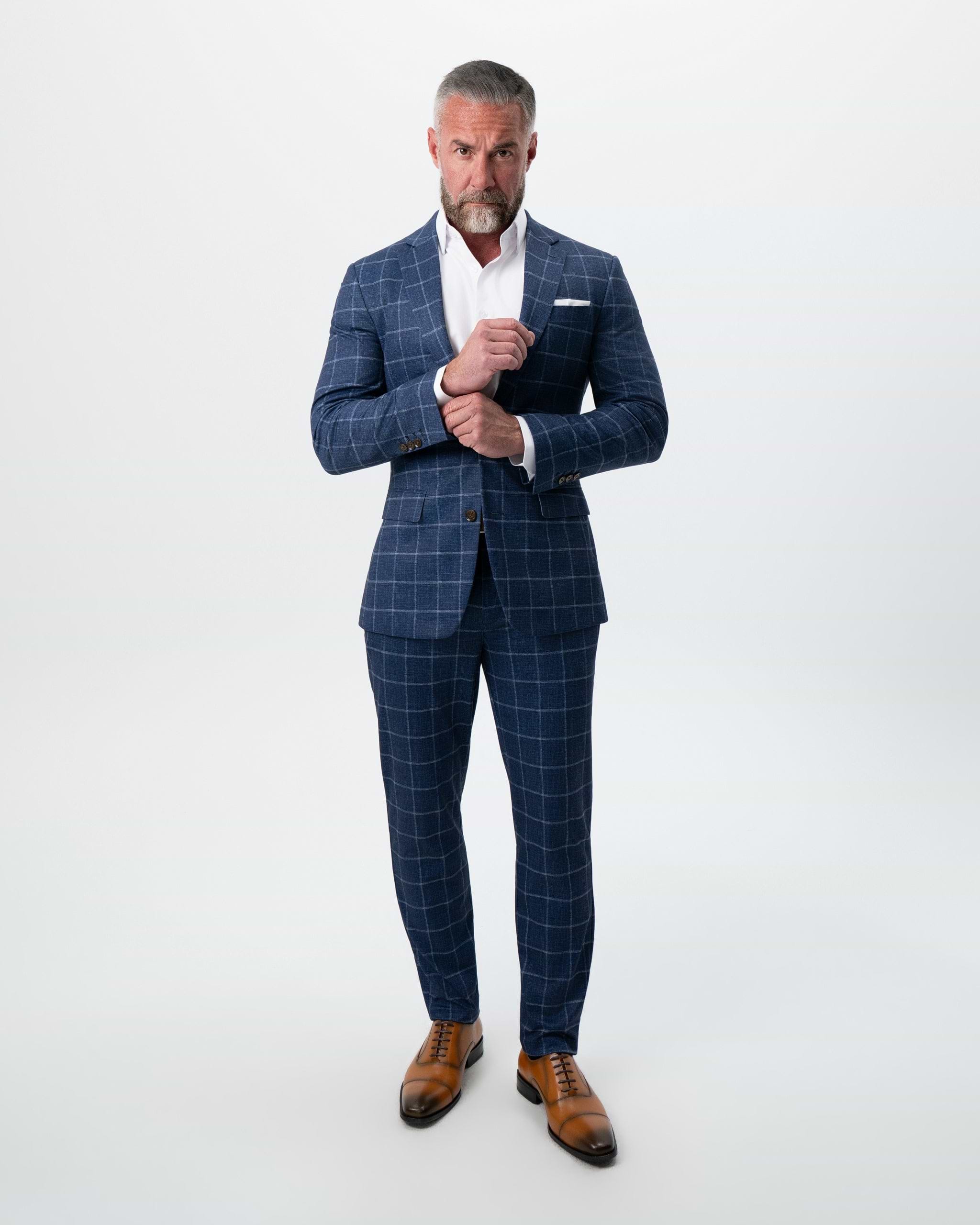 Athletic Fit Stretch Suit Pants - Textured Navy with White Windowpane