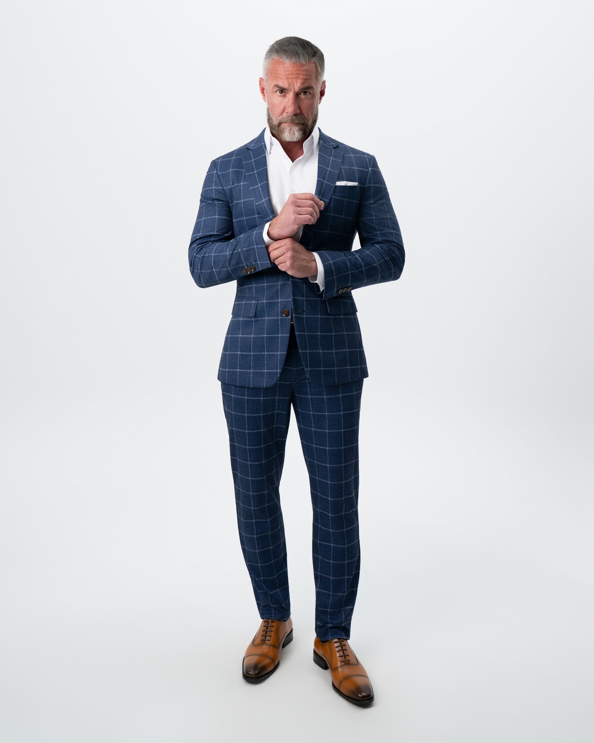 Athletic Fit Stretch Suit Pants - Textured Navy with White Windowpane