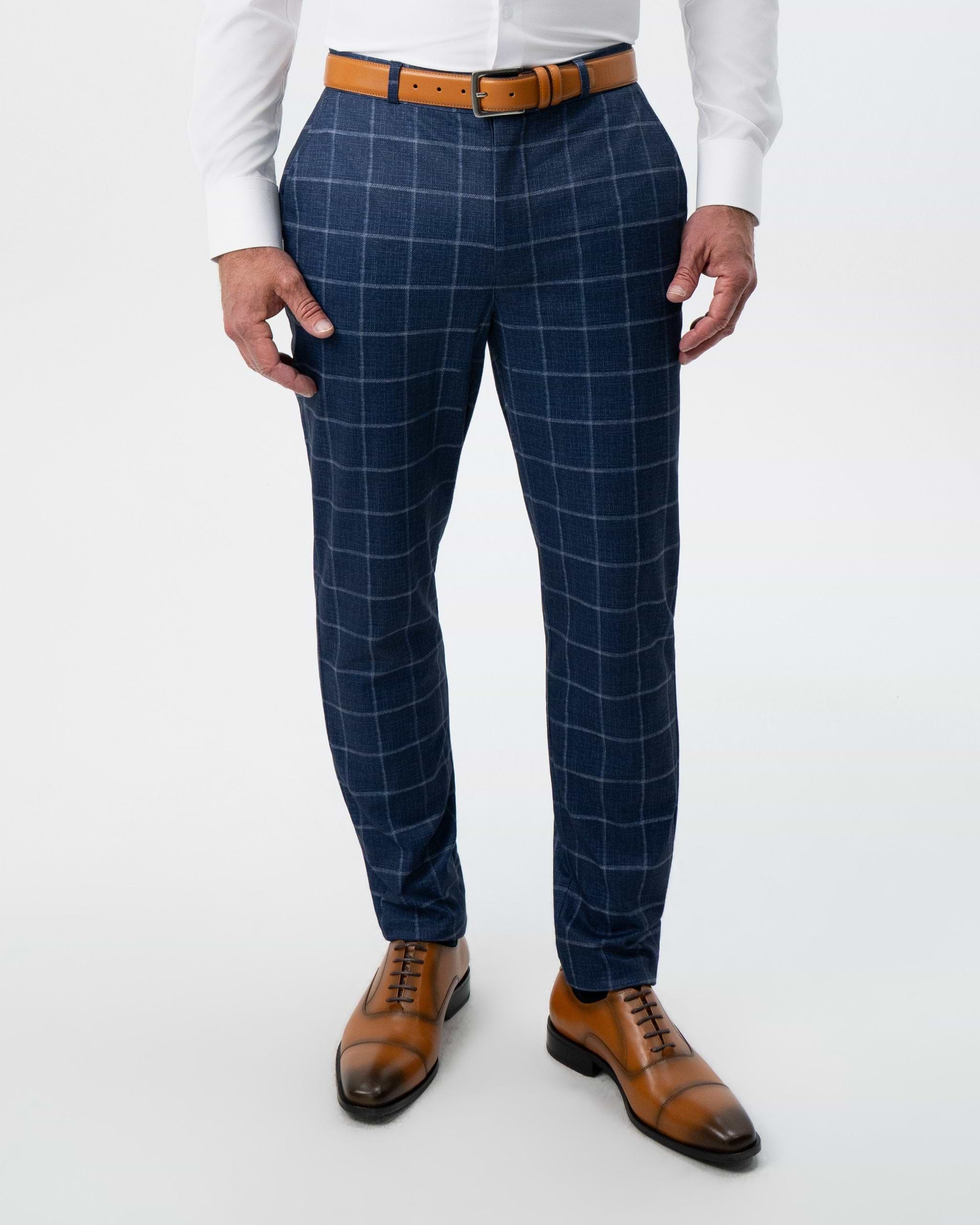 Athletic Fit Stretch Suit Pants - Textured Navy with White Windowpane