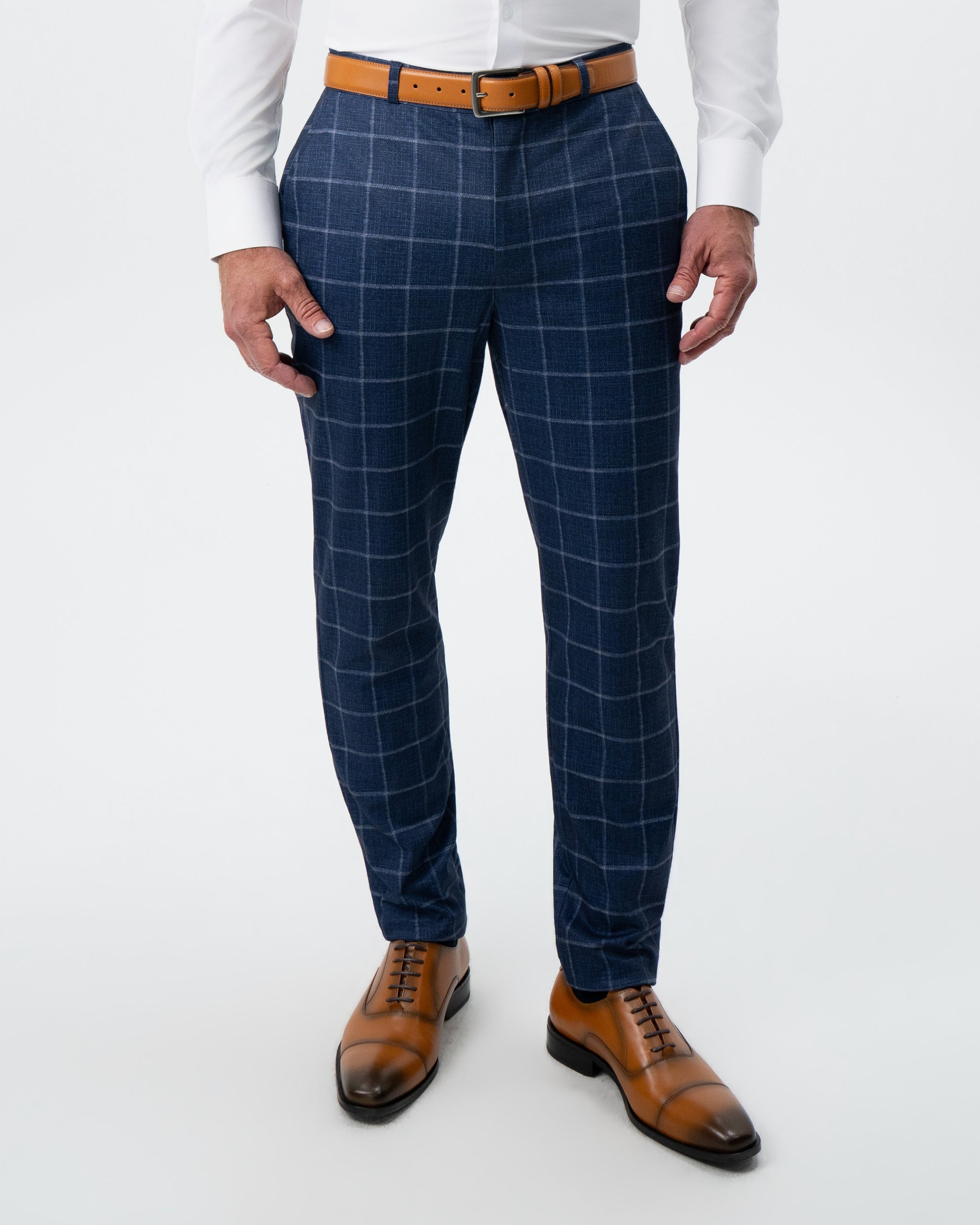 Athletic Fit Stretch Suit Pants - Textured Navy with White Windowpane