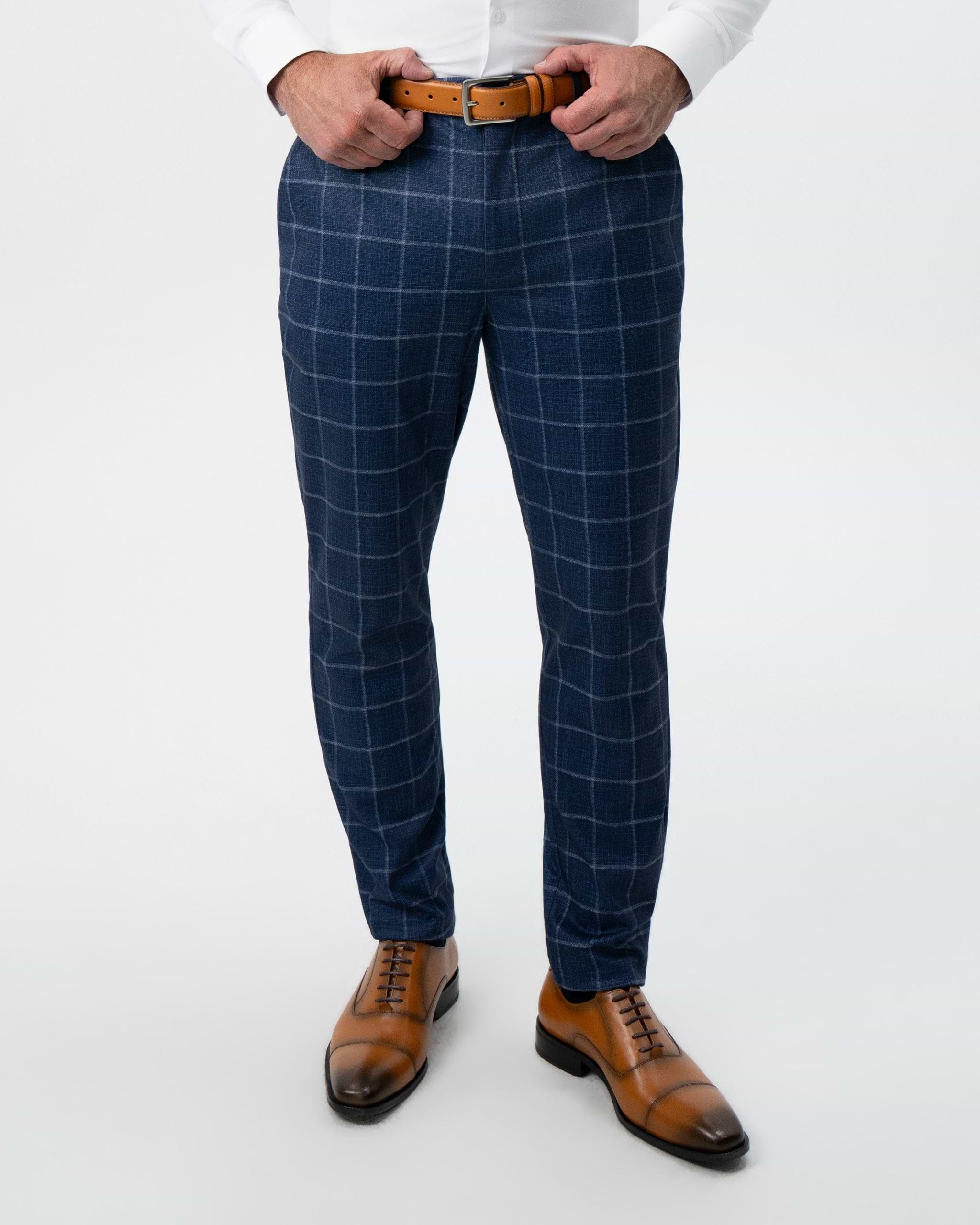 Athletic Fit Stretch Suit Pants - Textured Navy with White Windowpane