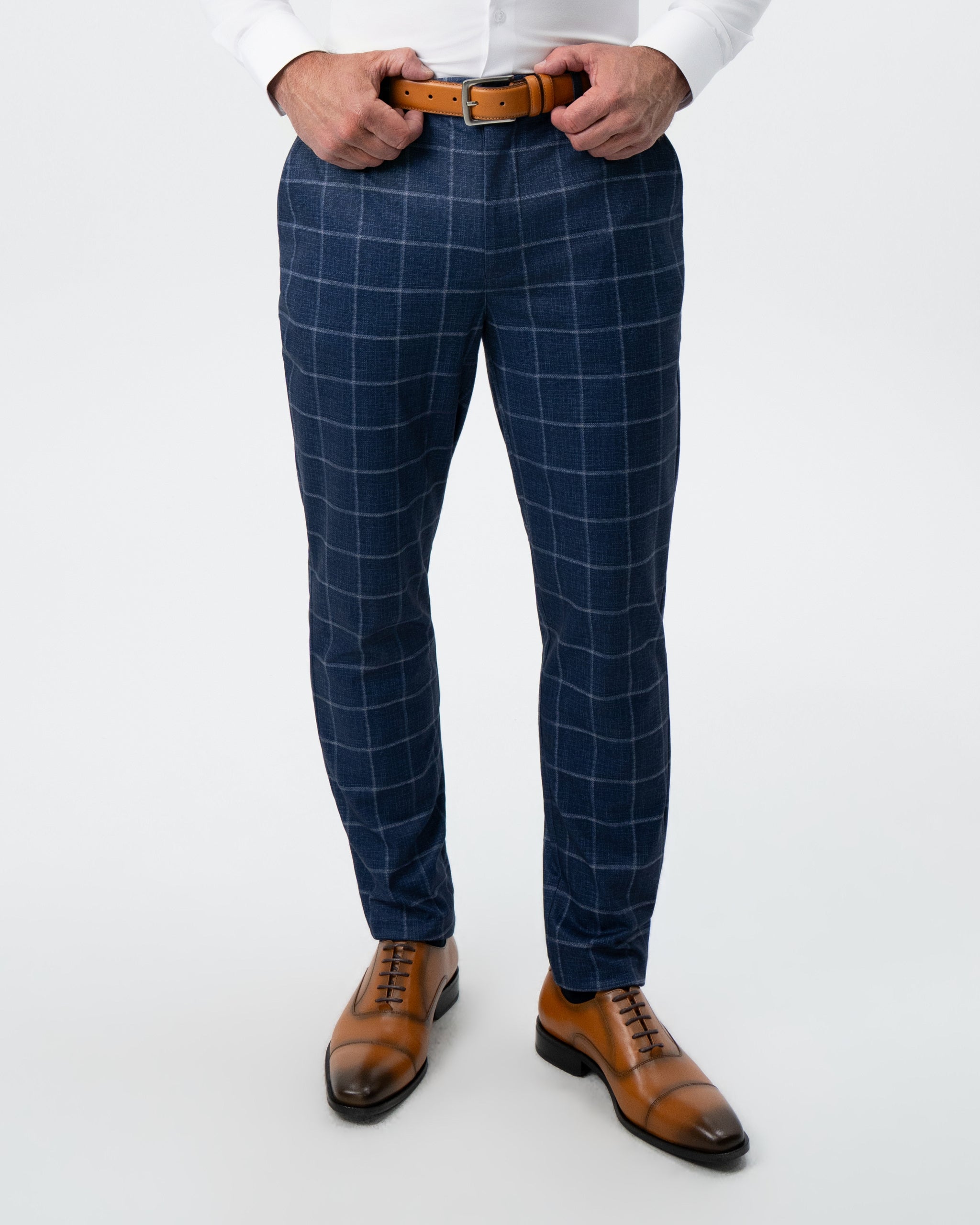 Athletic Fit Stretch Suit Pants - Textured Navy with White Windowpane