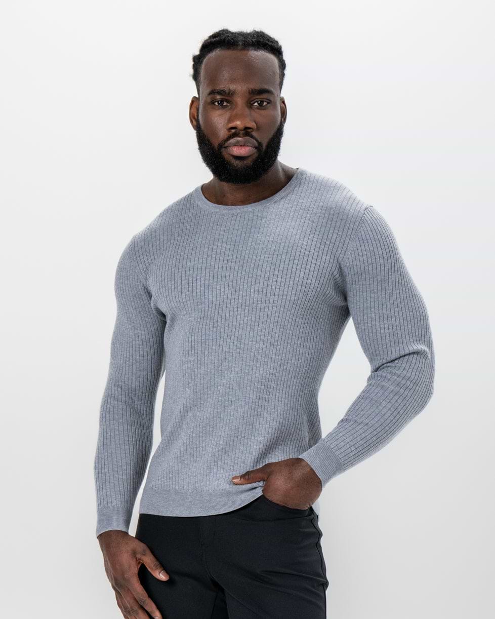 Mid-Weight Ribbed Knit Crewneck Sweater - Light Grey